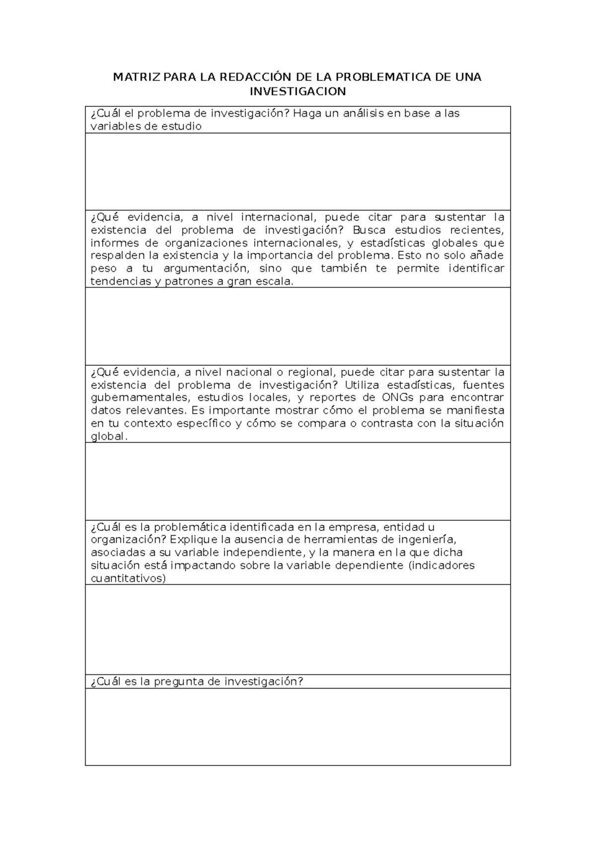 Matriz PARA LA Redaccion DE LA Problematica DE UNA Investigacion ...
