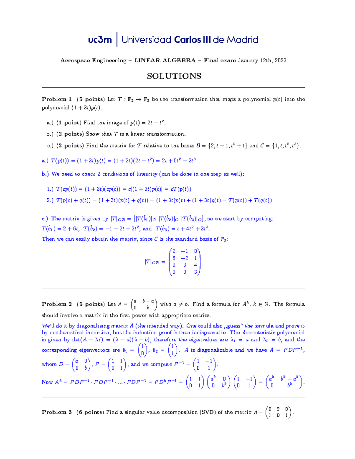 Main solutions - FInal exam - Aerospace Engineering – LINEAR ALGEBRA ...
