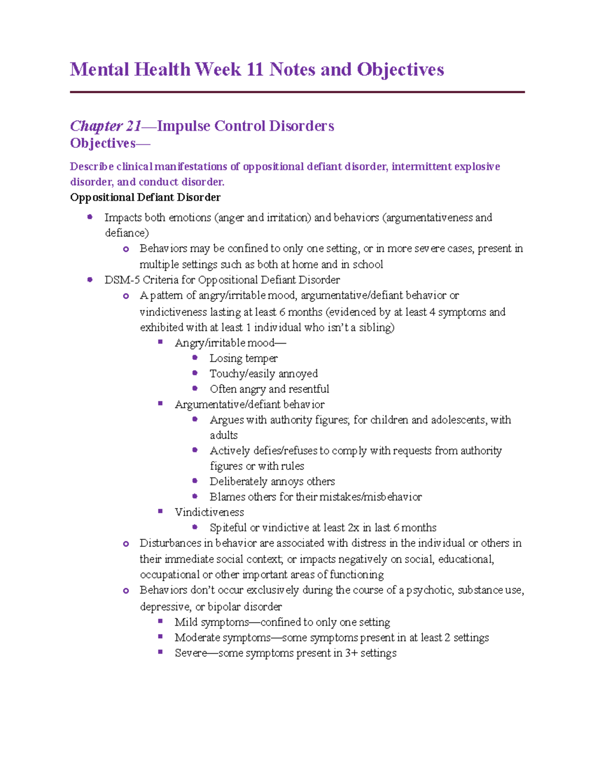 MH Week 11 Notes and Objectives - Mental Health Week 11 Notes and ...