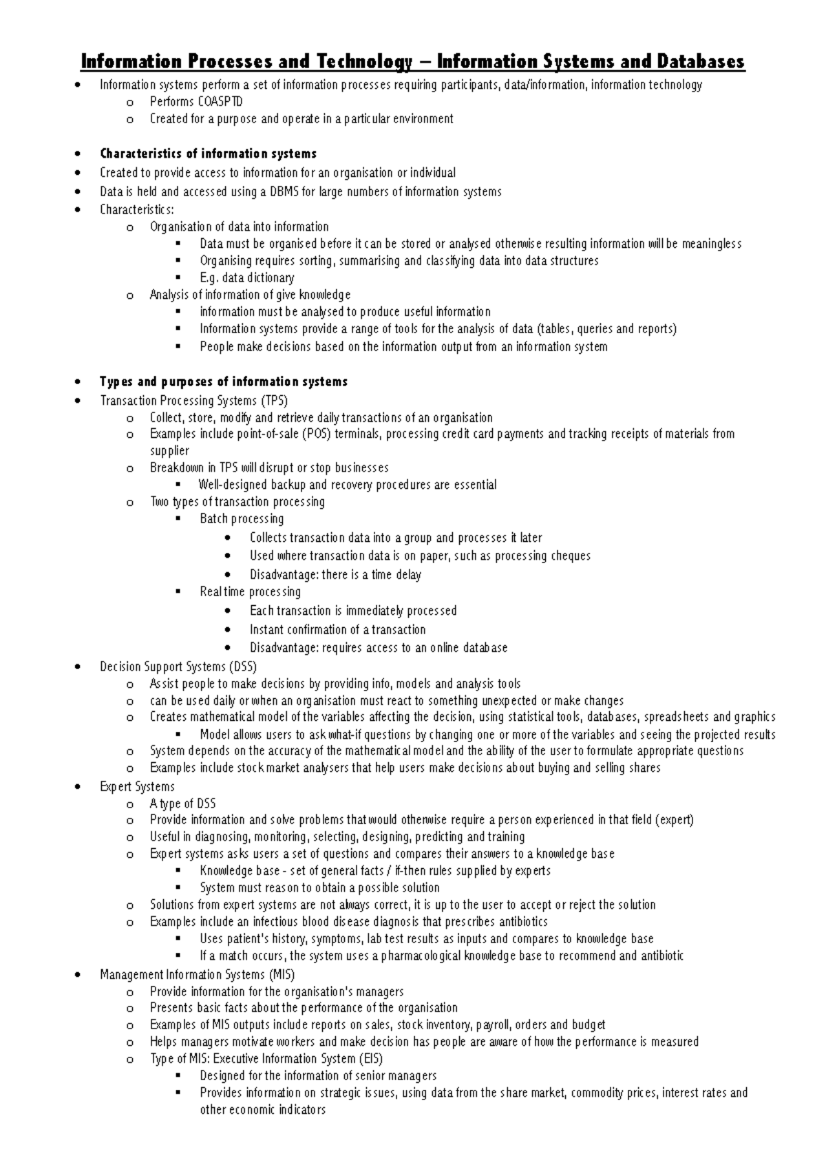 HSC IPT - Information Systems and Databases Notes - Information systems ...