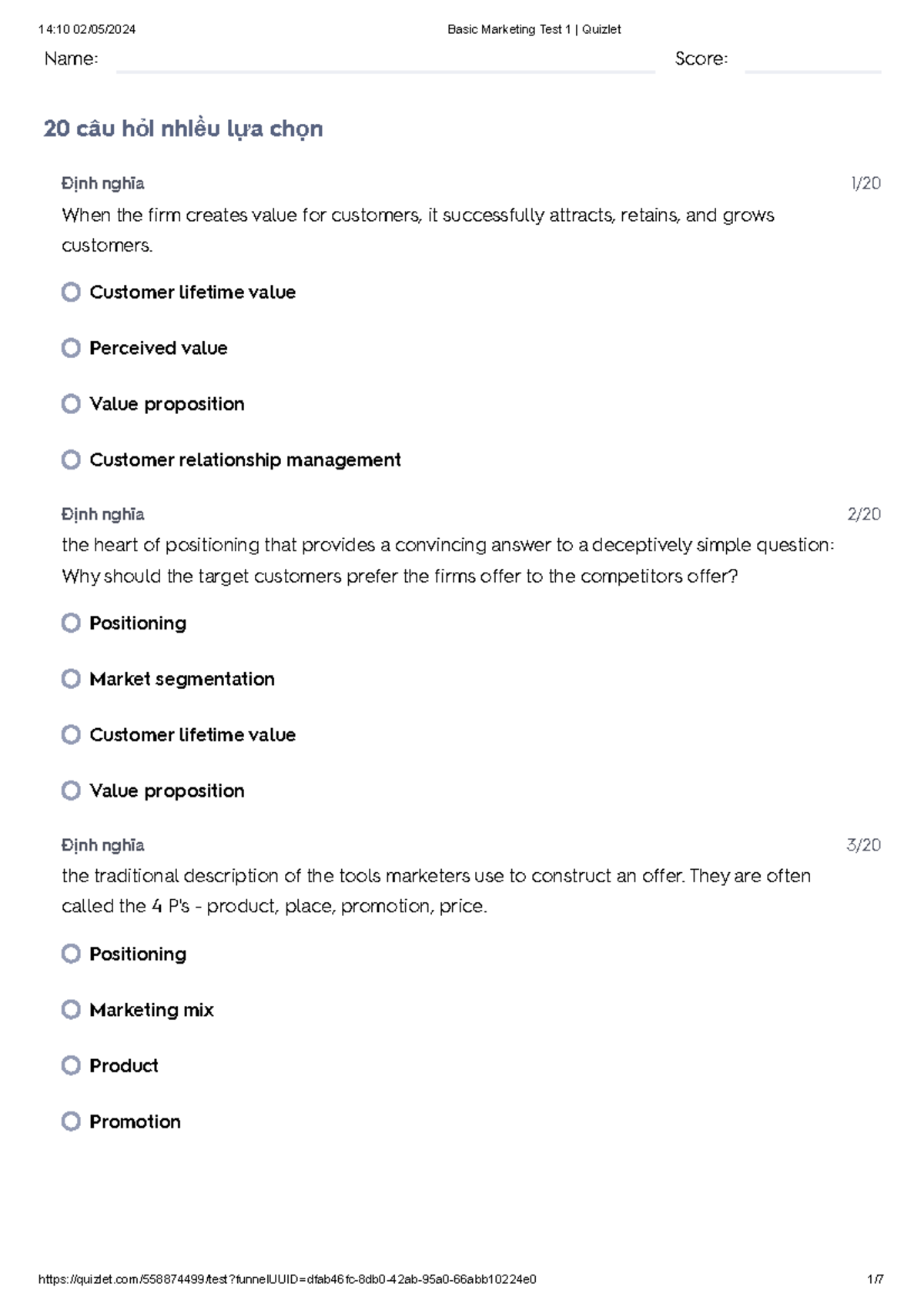 Basic Marketing Test 1 Quizlet Name Score 20 câu hỏi nhiều lựa chọn