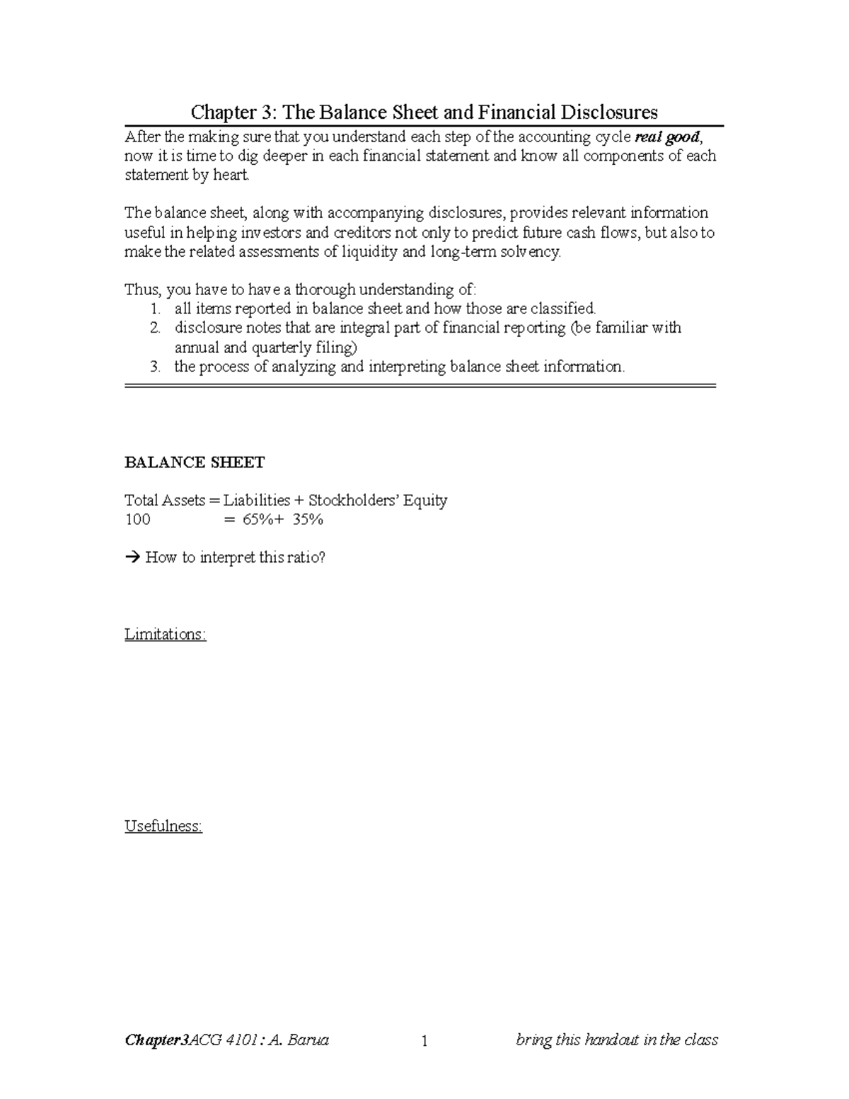 Handout Chapter 3-s - Lecture Notes - Chapter 3: The Balance Sheet and ...