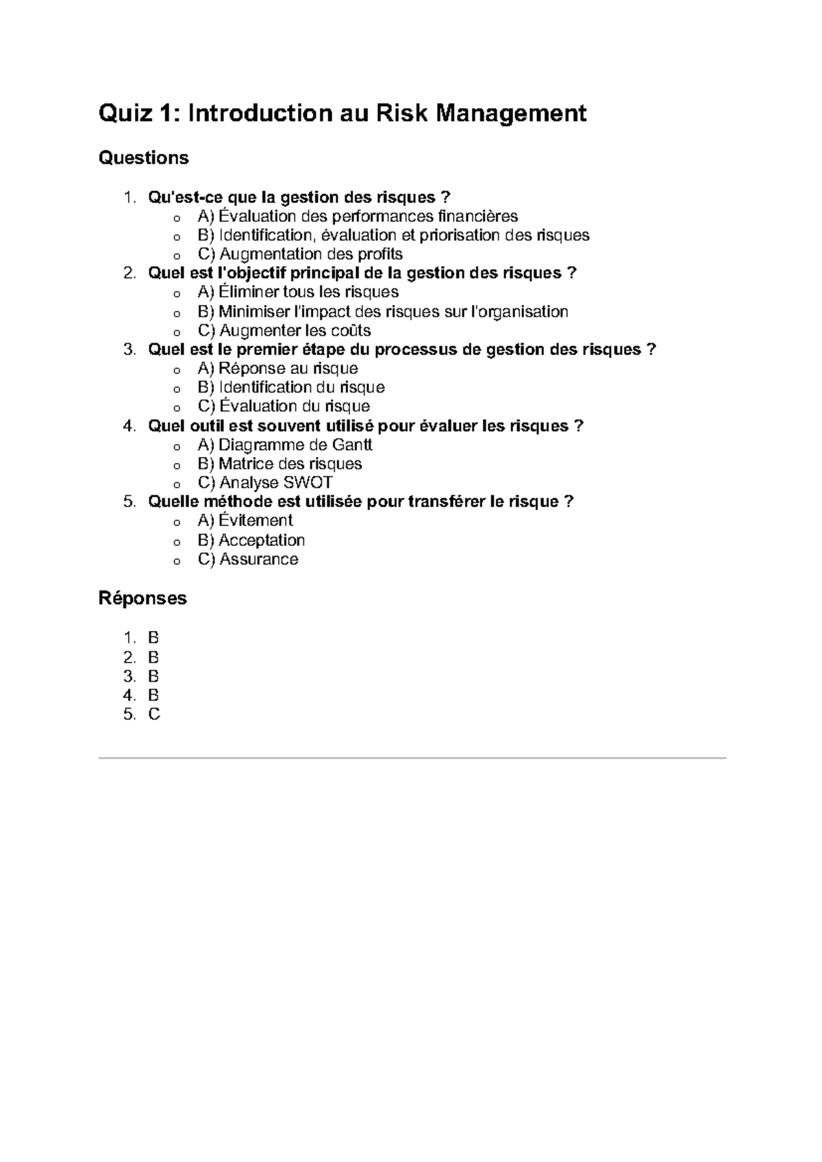 Quiz 1 RISK Management - Quiz 1: Introduction au Risk Management ...
