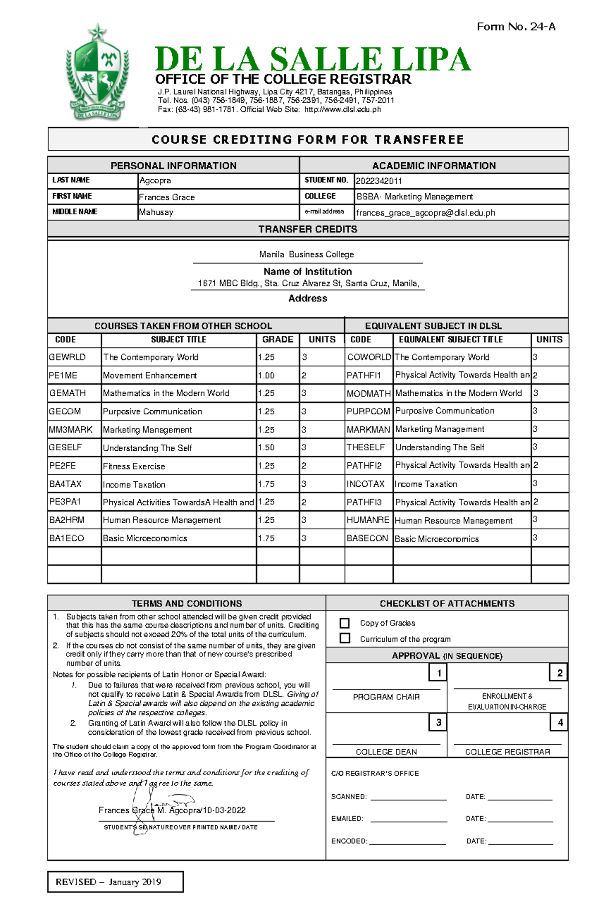 Course Crediting FORM Agcopra - C O U R SE C R E D I TI N G F O R M F ...