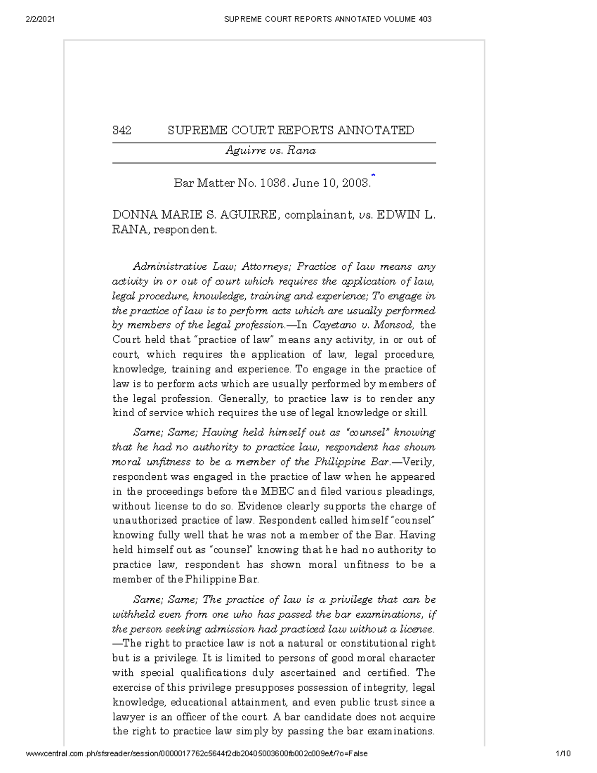 (5) Aguirre VS RANA - WETBV - 342 SUPREME COURT REPORTS ANNOTATED ...