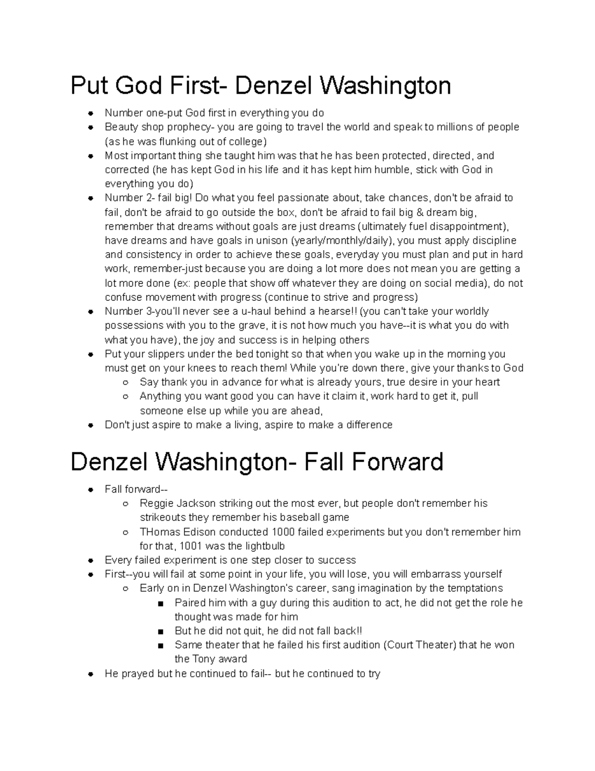 Management Videos 2 21 Notes on Denzel Washington's "Put God First" and "Fall Forward" (Prof