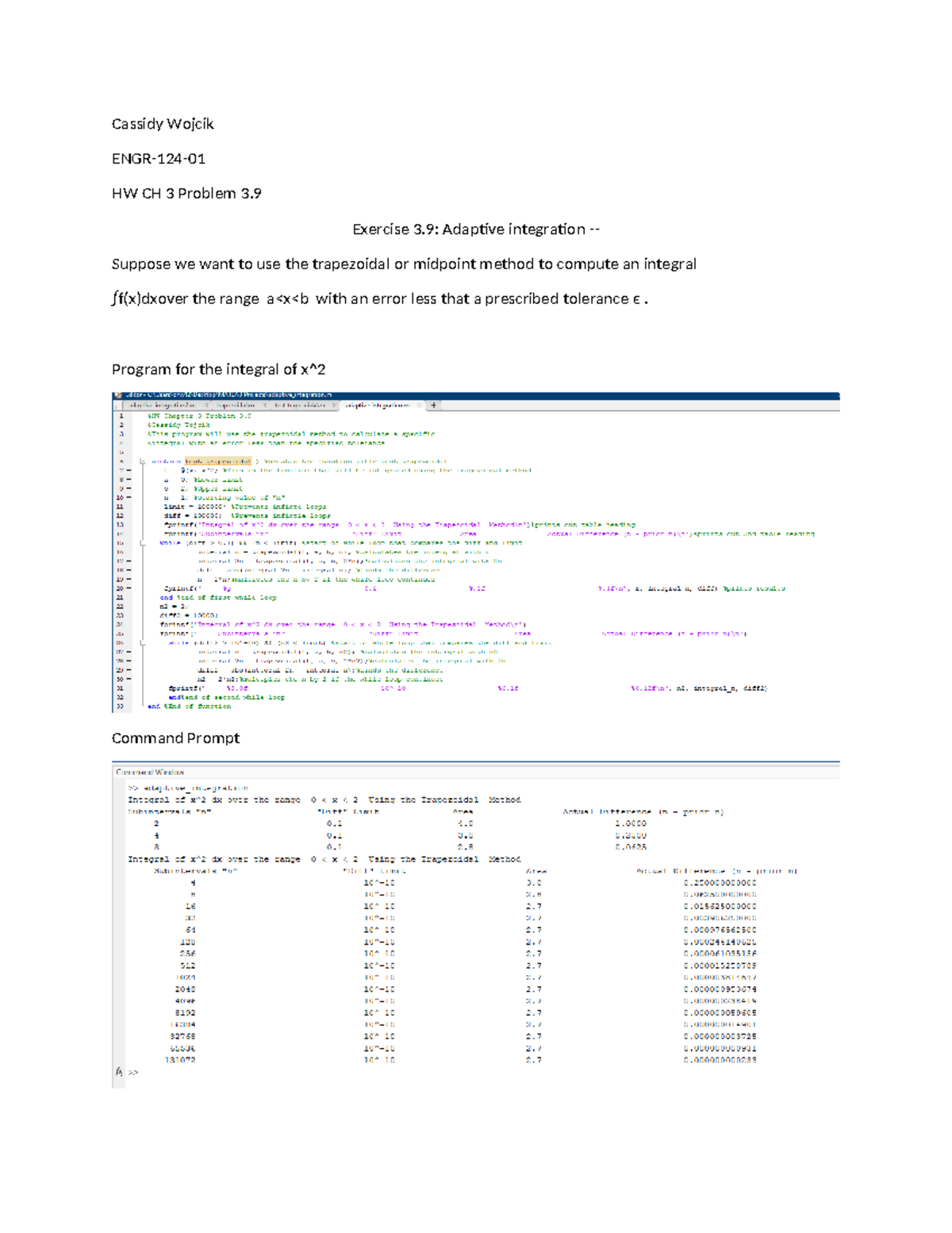 HW CH3 Prob 3 - Matlab programming homework - ENGR 124 - Cassidy Wojcik ...