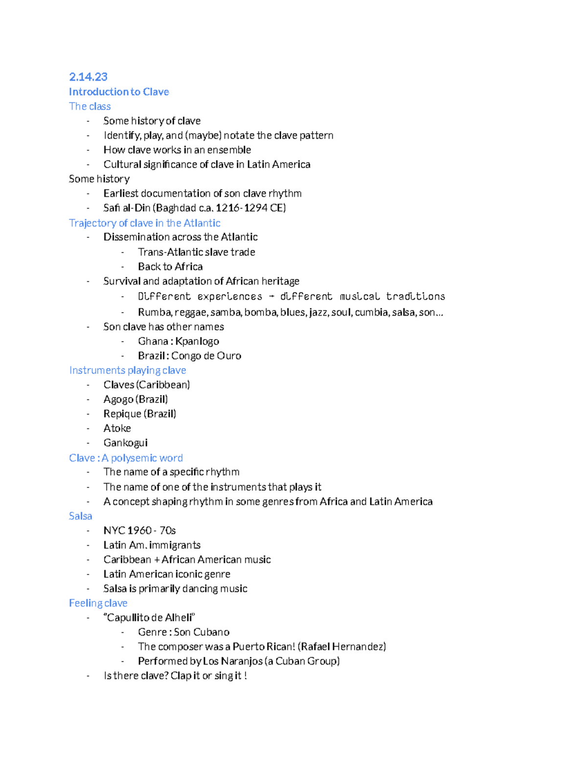 Mus 011 week 6 lecture notes 2. Introduction to Clave The class