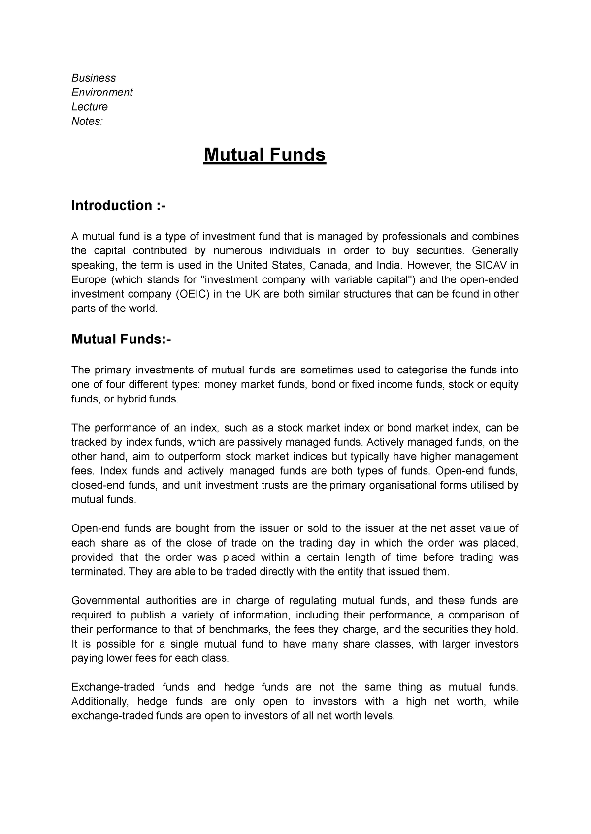 an essay about mutual funds