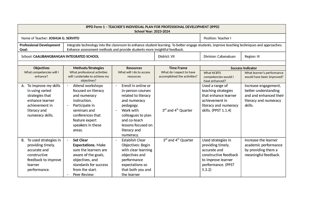 Ippd Form 1 - Sample Ippd For Teachers - Ippd Form 1 – Teacher’s 