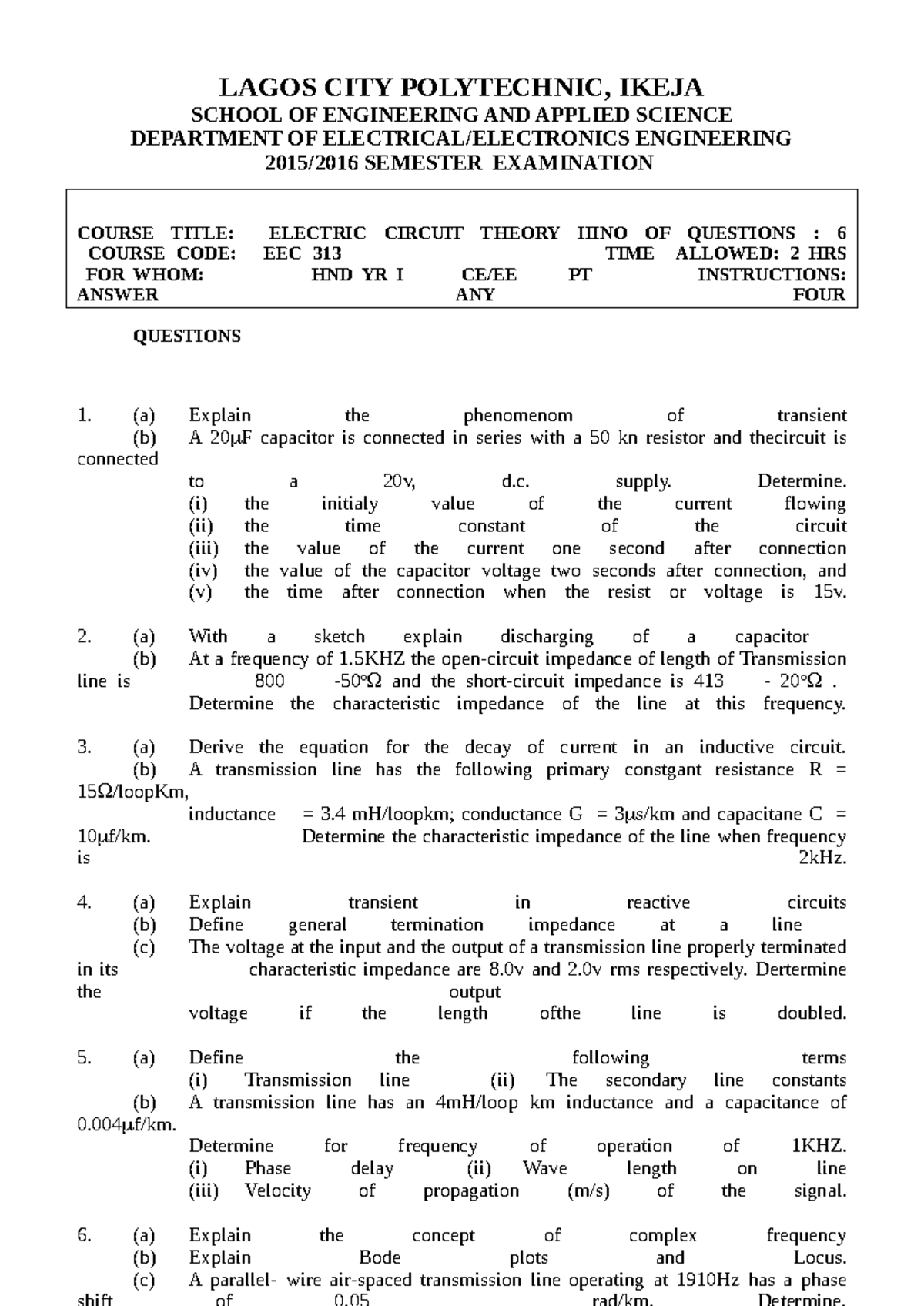 Electric Circuit Theory Iiino OF Questions EEC 313 HND YR I CE EE PT ...