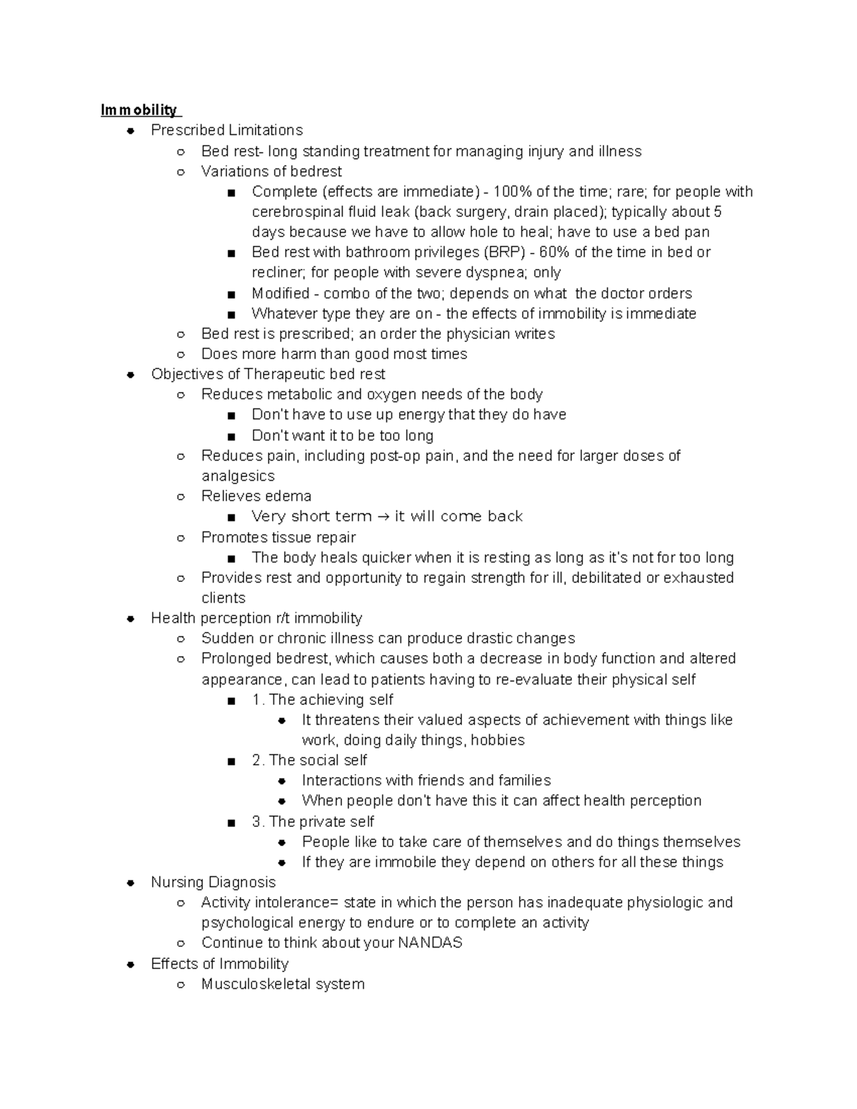 Med-surg Exam 3 Notes - Immobility Prescribed Limitations Bed Rest 