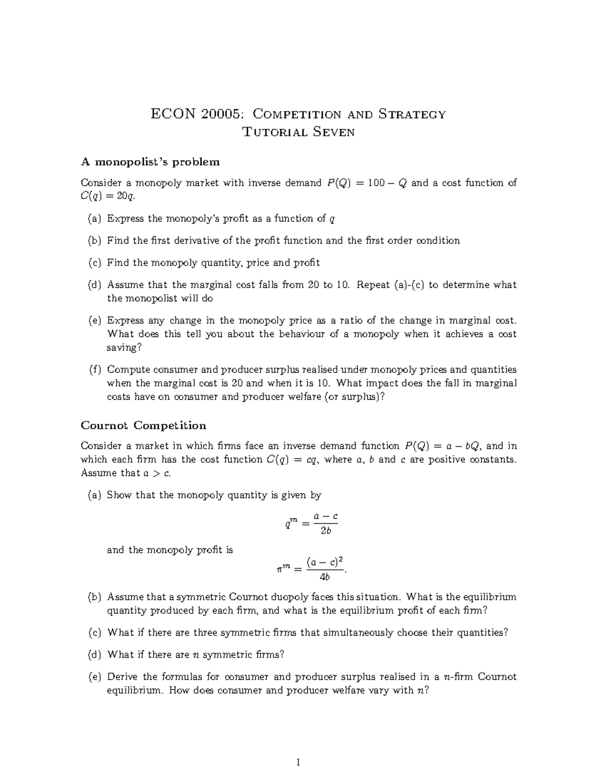 Econ20005 Tutorial 7 Strat - ECON 20005: Competition And Strategy ...