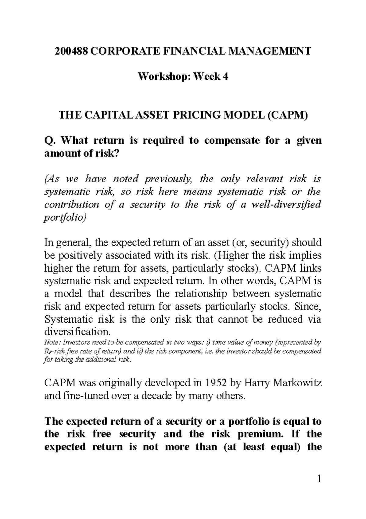 C&F Week 4 - Week 4 Lecture Notes - 200488 CORPORATE FINANCIAL ...