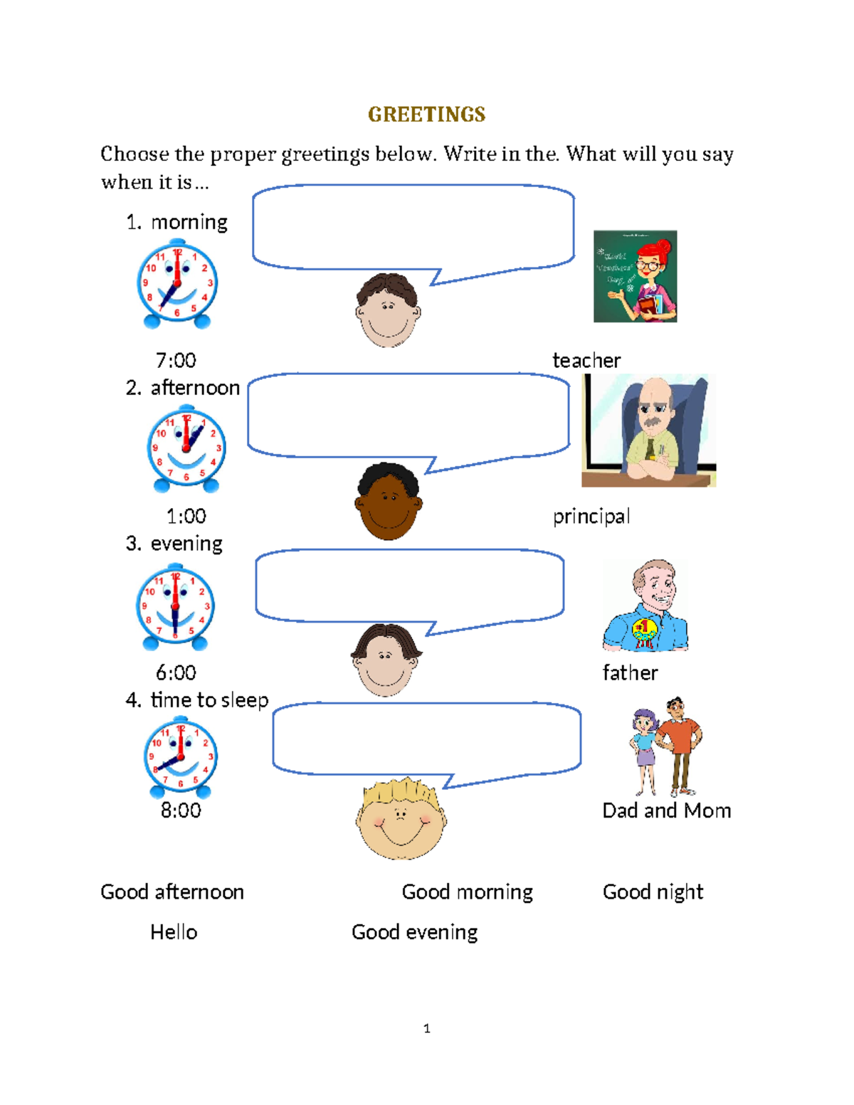 Enjoy Reading - GREETINGS Choose the proper greetings below. Write in ...