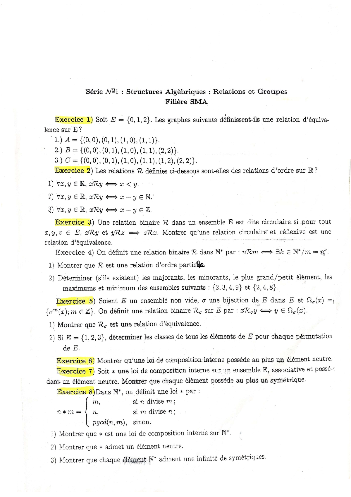 Série D Exercice 1 Algèbre S4 - Structure Algébriques - Relations Et ...