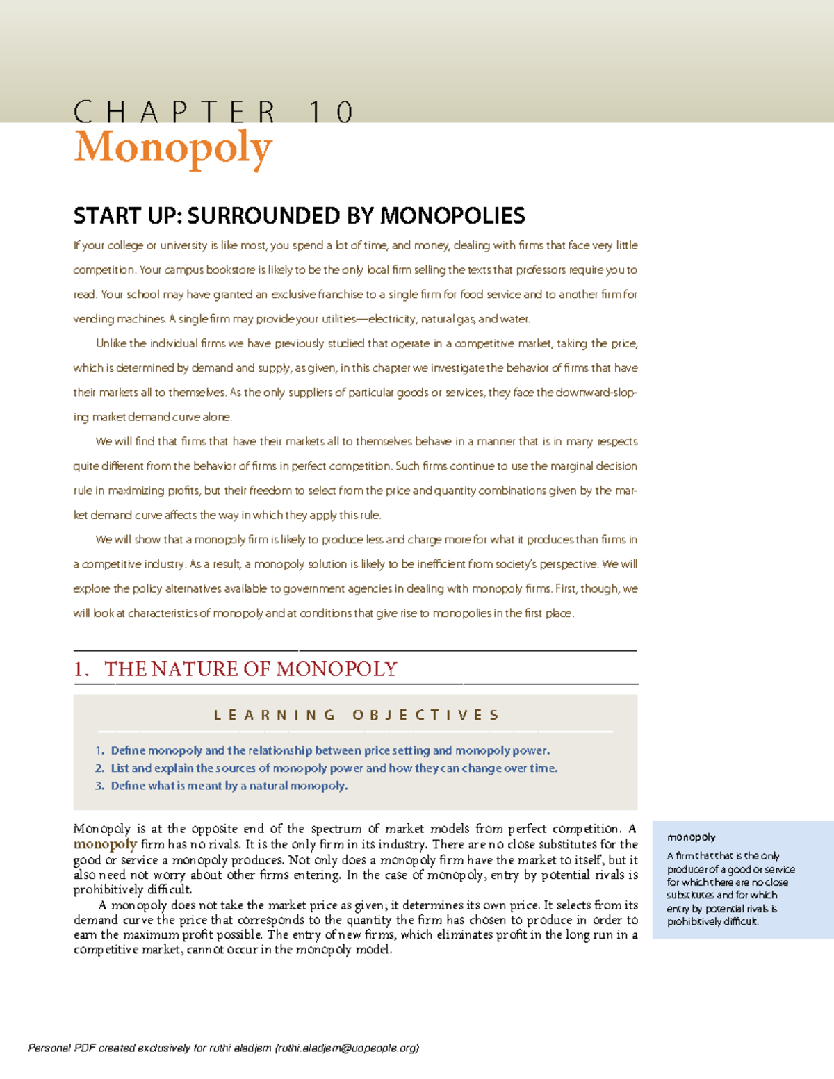 Principles Of Economics Chapter 10 - monopoly A firm that that is the ...