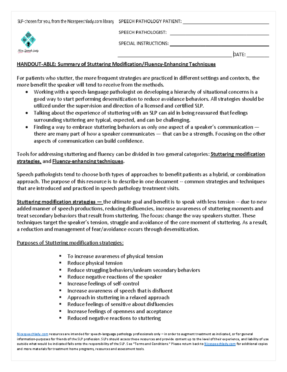 Handout Summary of Stuttering Modification Fluency Enhancing Techniques ...