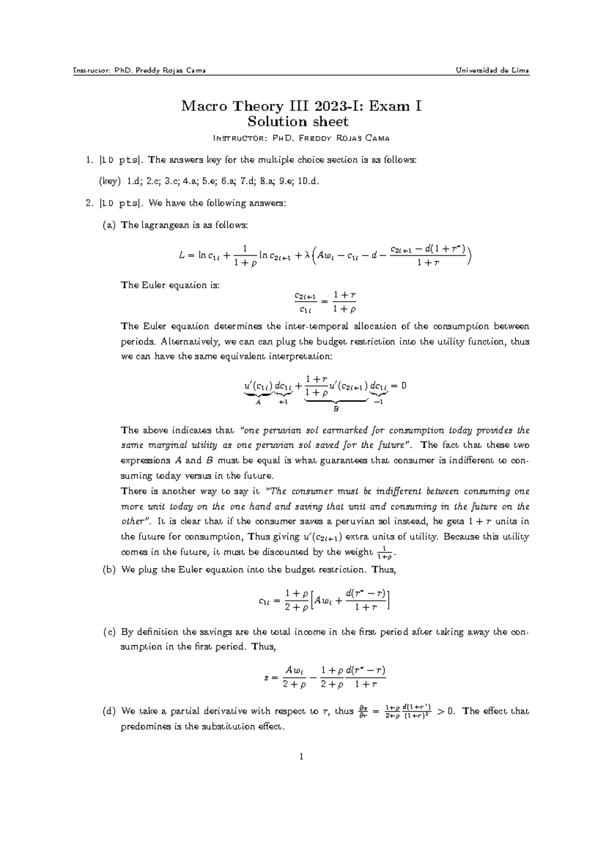 Solution macro exam I 2023 I 653 - Instructor: PhD. Freddy Rojas Cama ...