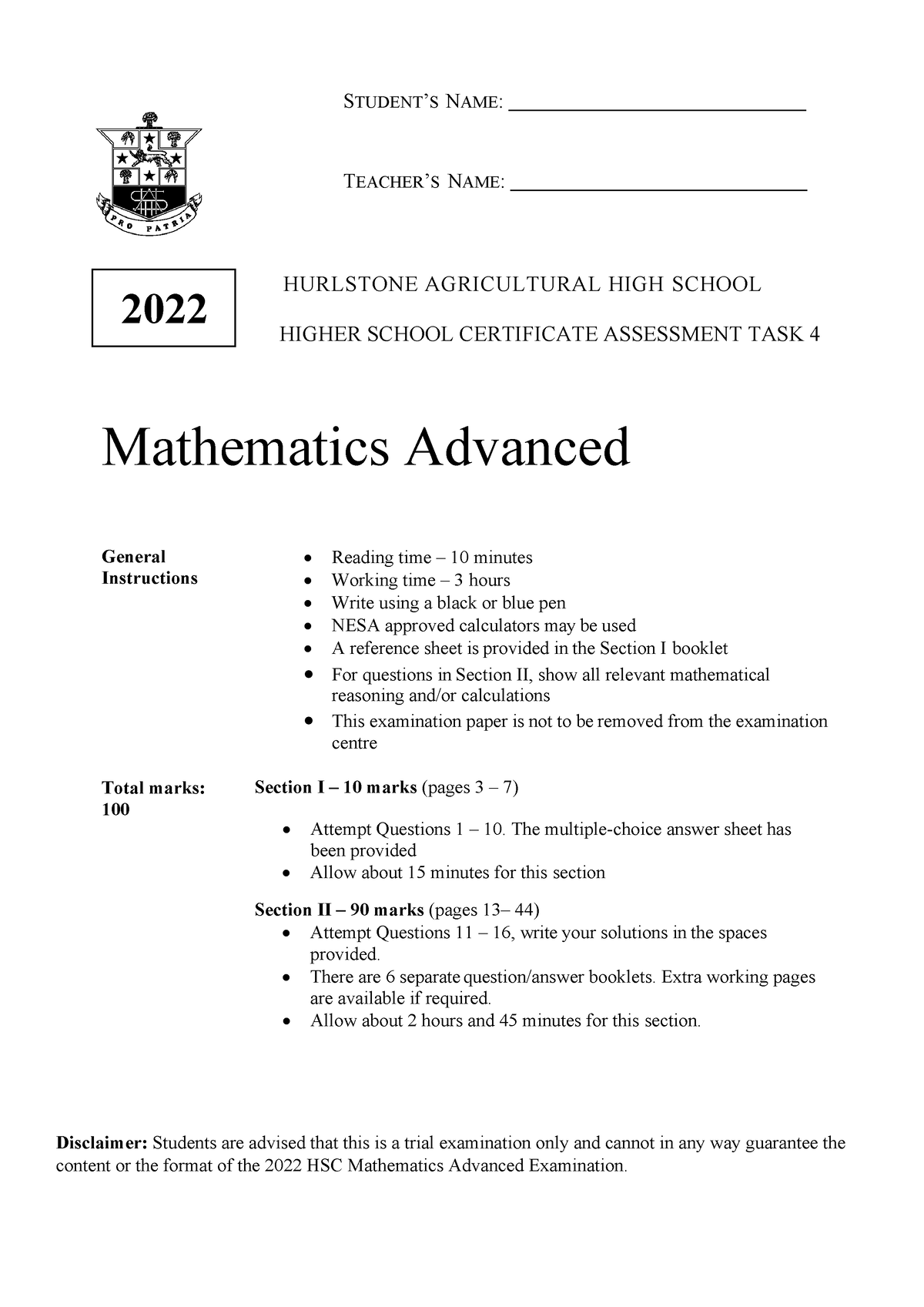 Hurlstone 2022 - trial - S TUDENT ’ S N AME : T EACHER ’ S N AME : 2022 ...