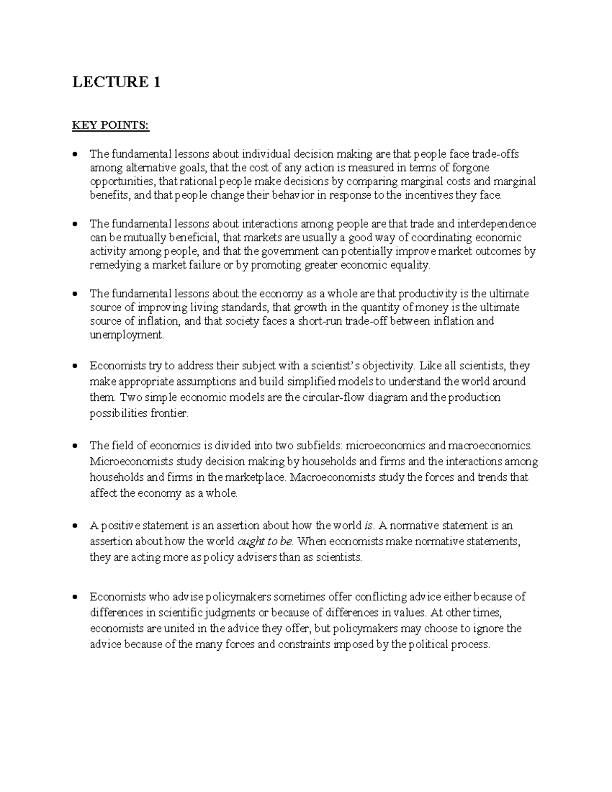 Lecture notes 1 Econs - LECTURE 1 KEY POINTS: The fundamental lessons ...