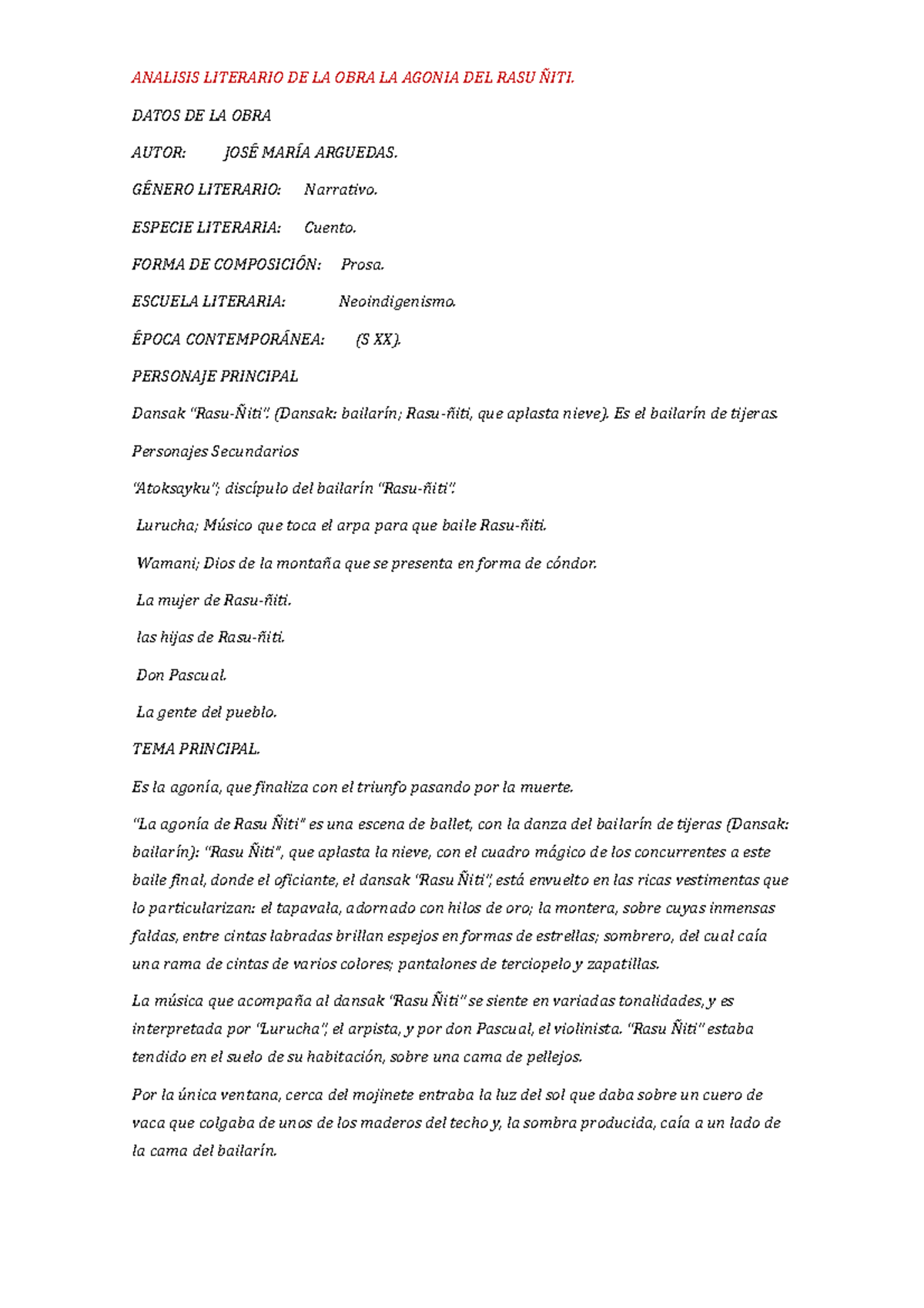 Analisis Literario DE LA OBRA LA Agonia DEL RASU ÑITI - ANALISIS ...