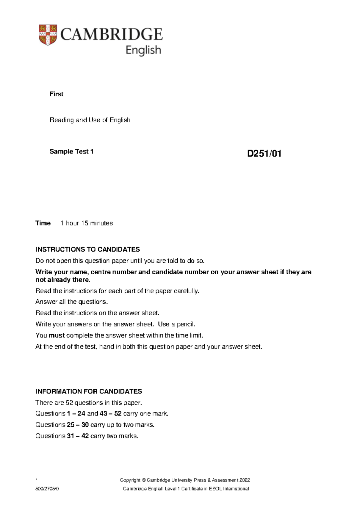 B2 First sample paper 1 RUE 2022 - First Reading and Use of English ...