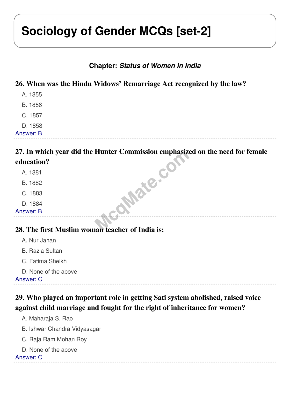 Sociology Of Gender (Chapter- Status Of Women In India) Solved MCQs ...