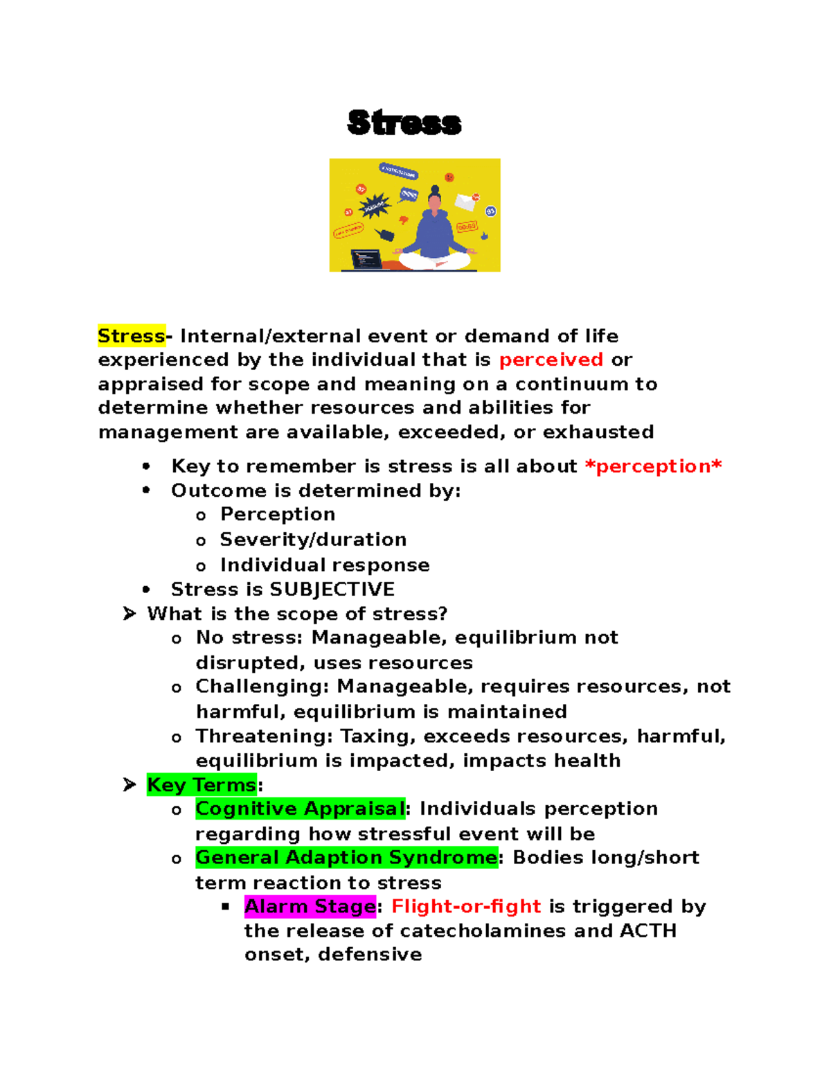 Stress Study Guide - Stress Stress- Internal/external event or demand ...