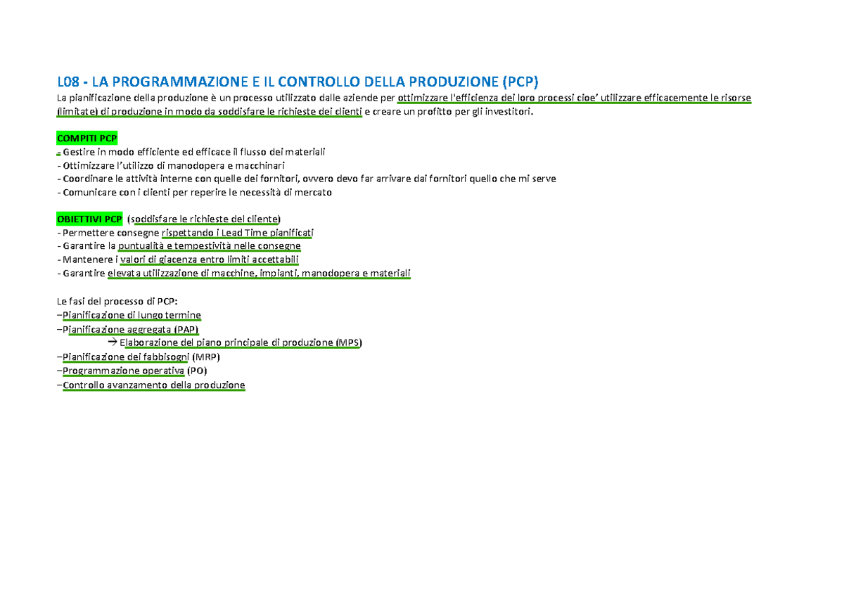 Riassunto GPI - L08 - LA PROGRAMMAZIONE E IL CONTROLLO DELLA PRODUZIONE ...