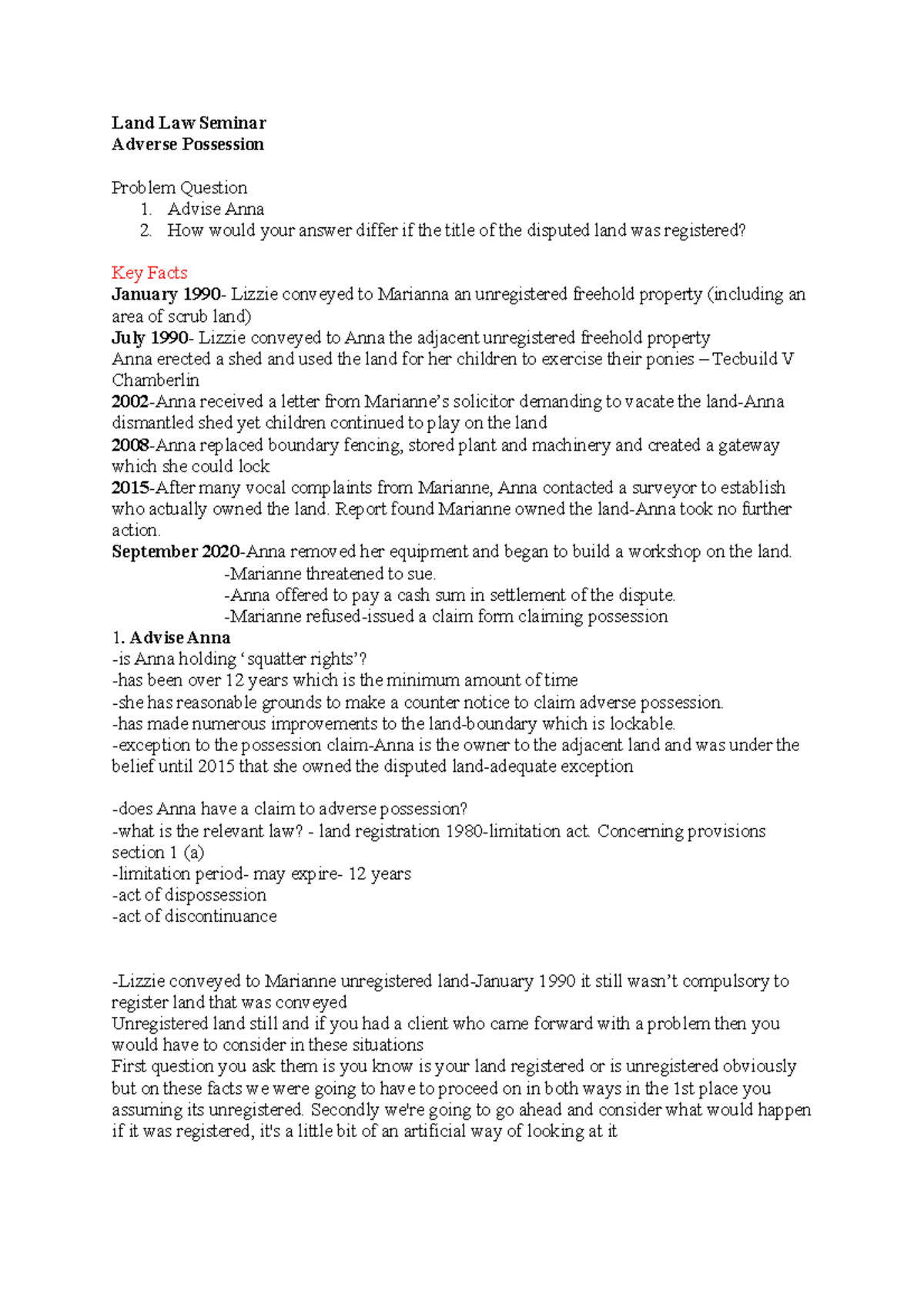 Land Law Seminar 2 - Adverse Possession Notes and PQ Template Land Law ...