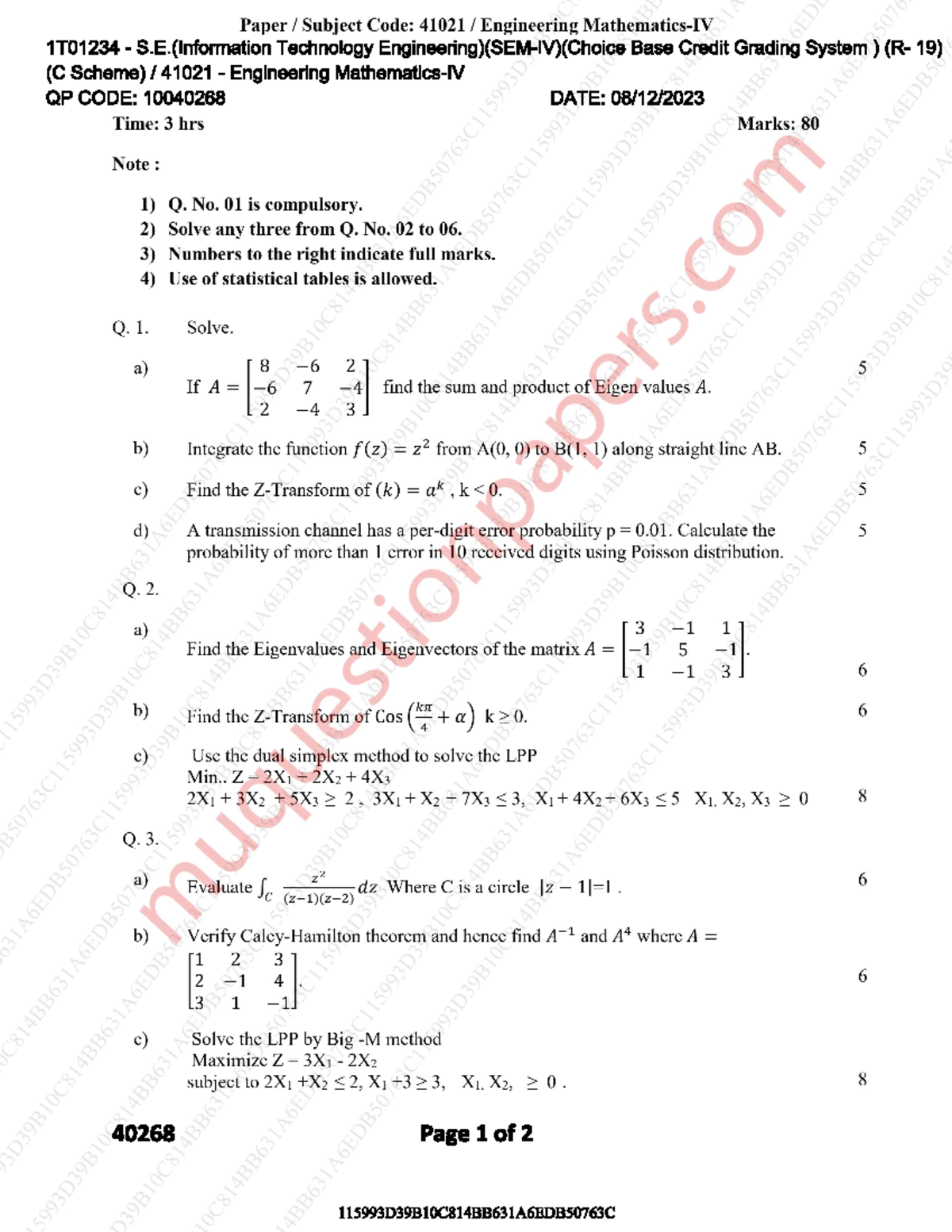 2023 december - Question Papers - Engineering Mathematics - Studocu