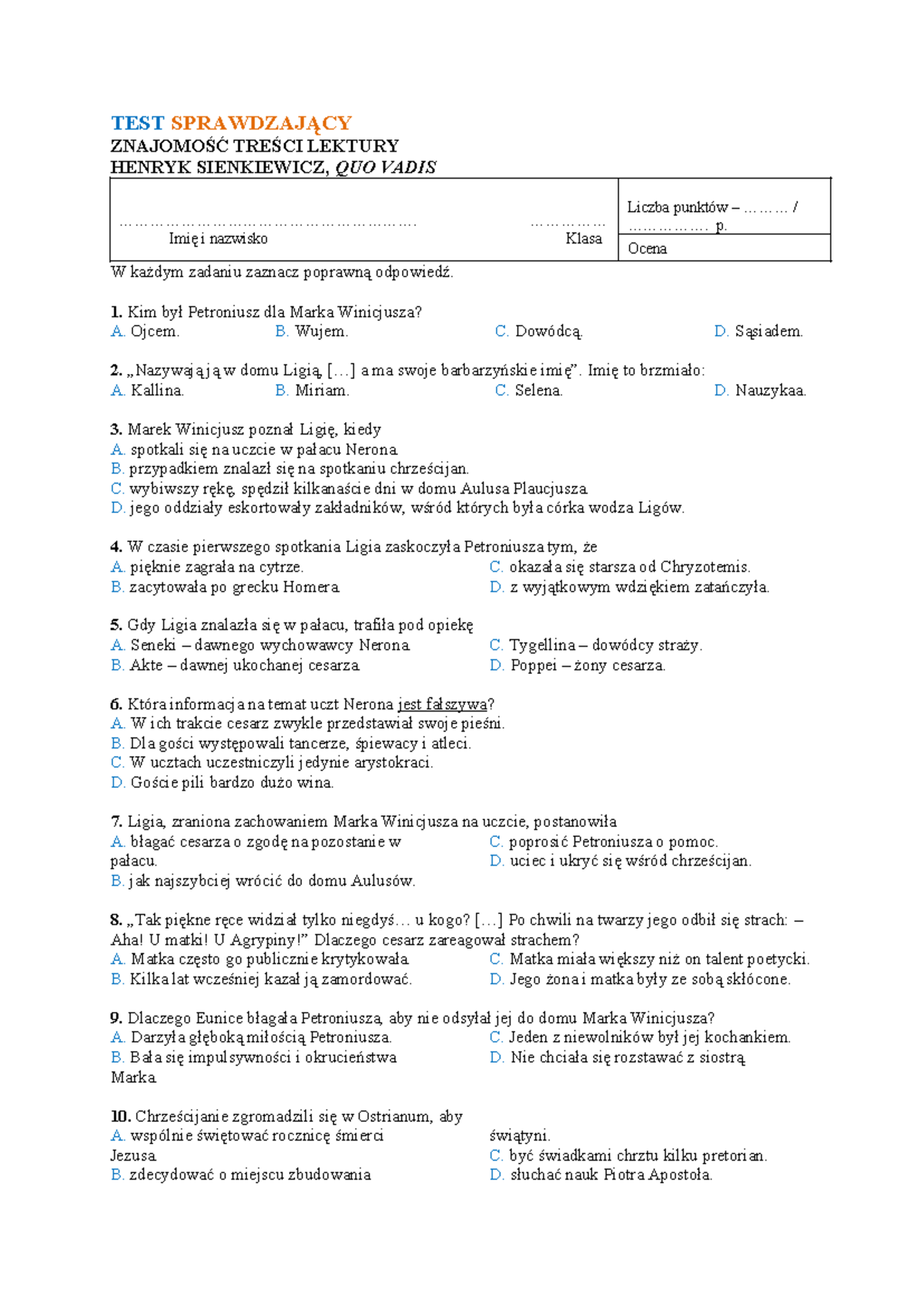 Quo vadis test sprawdzający - TEST SPRAWDZAJĄCY ZNAJOMOŚĆ TREŚCI ...