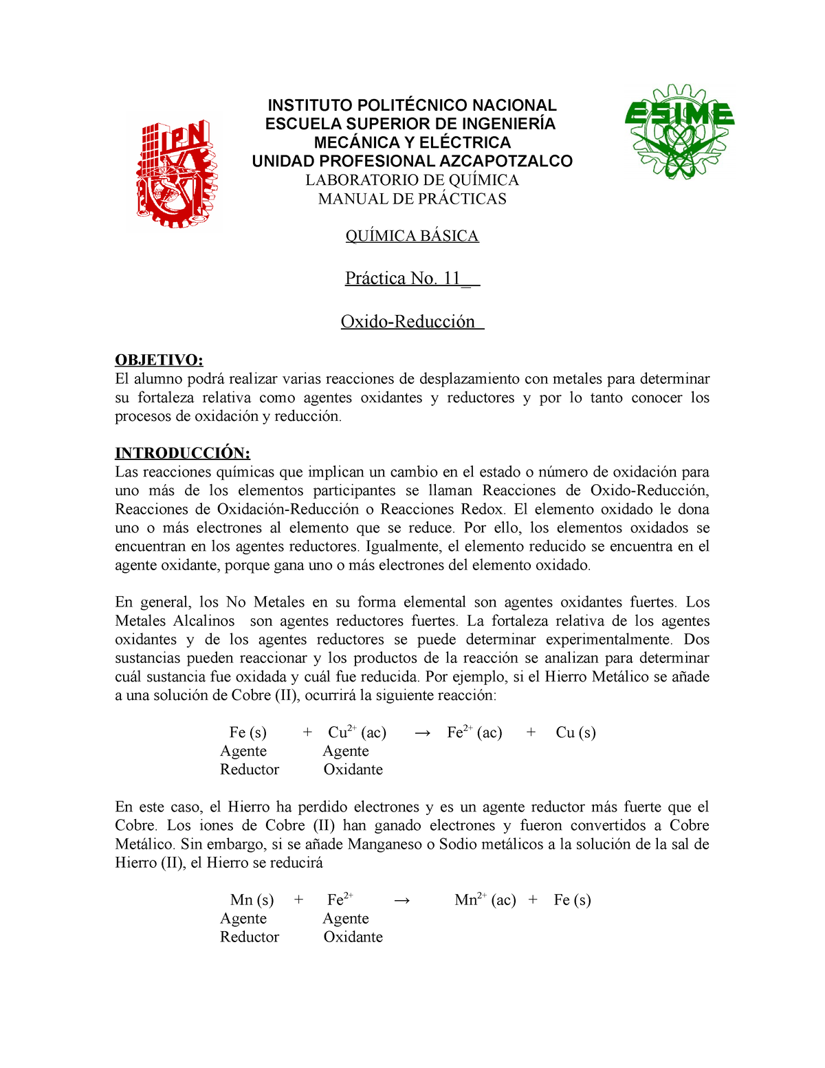 Pr Ã¡ctica No. 11 Qu Ã Mica BÃ¡sica Ã“xido-Reducci Ã³n - INSTITUTO ...