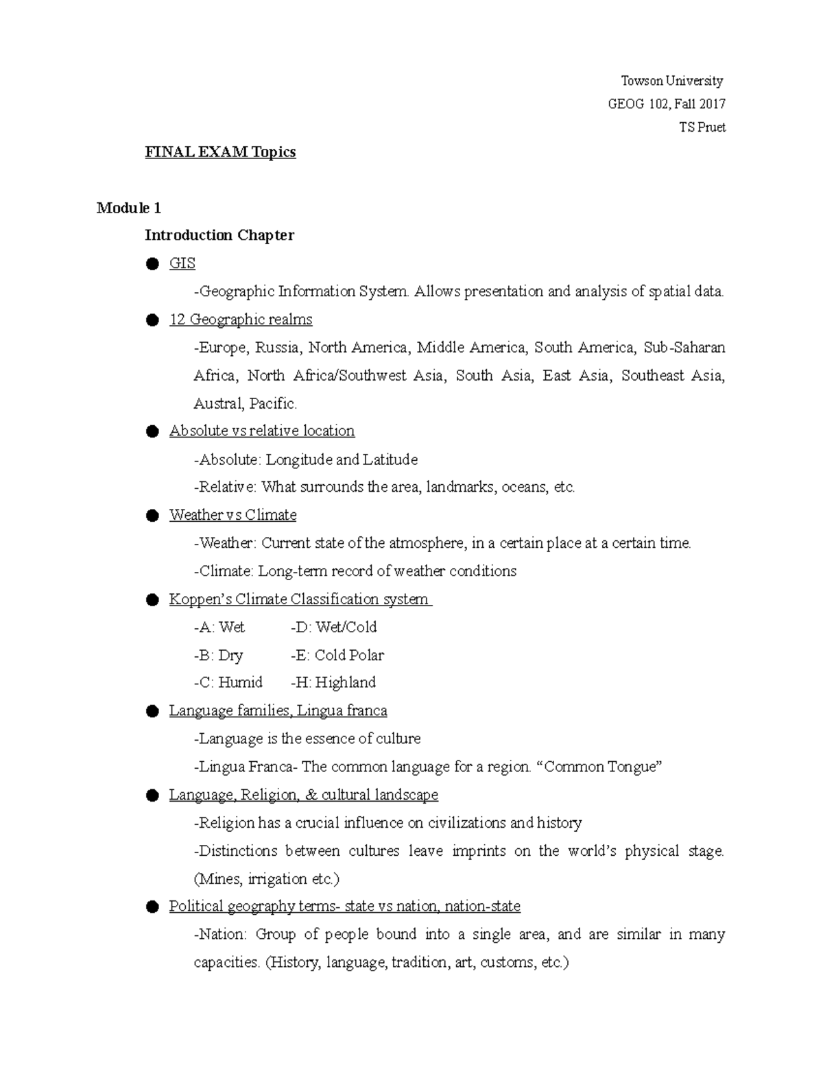 Geography Final Study Guide - Towson University GEOG 102, Fall 2017 TS ...