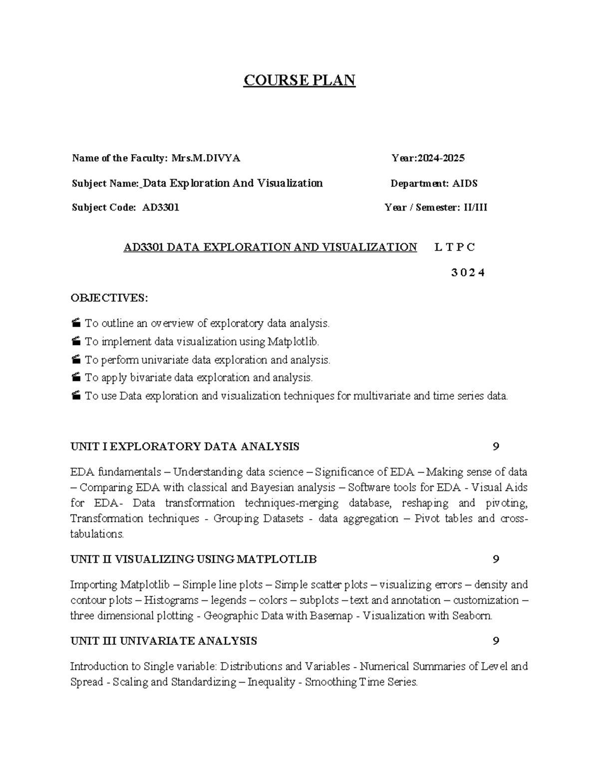 Course PLAN -DEV - DEV MATR - COURSE PLAN Name of the Faculty: Mrs.M ...