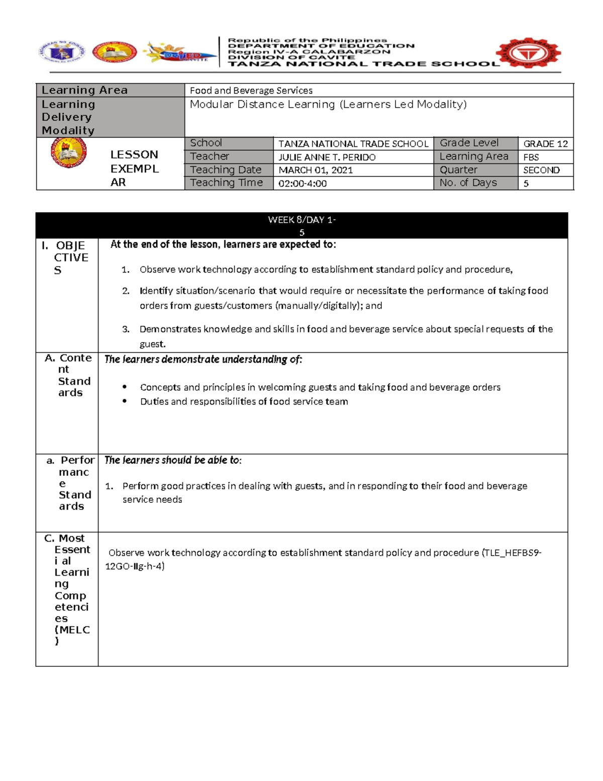 FBS Exemplar Quarter 2-Lesson 4-Week 8 by Julie Perido - Learning Area ...