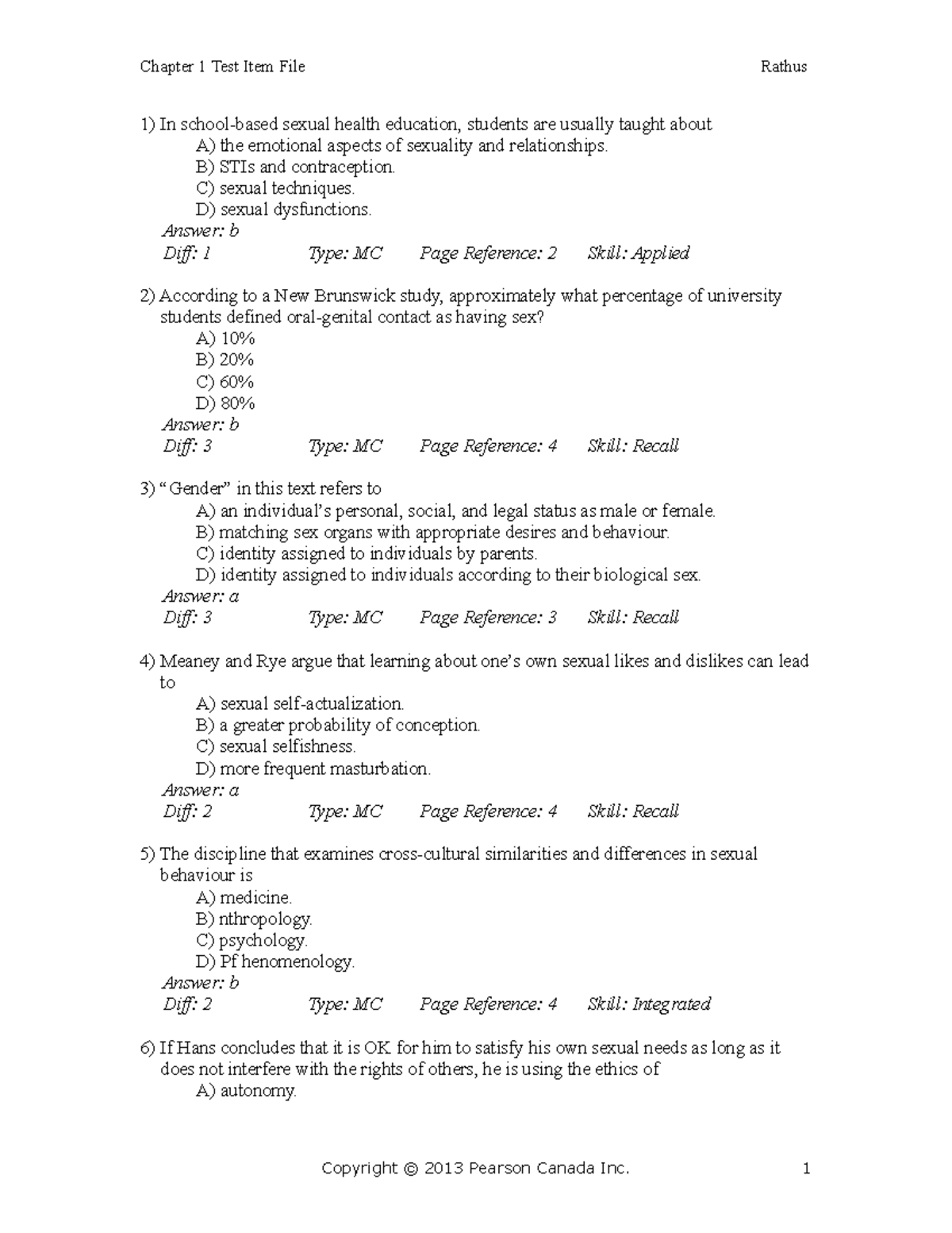 FRHD - MC For Chapter 1 - Chapter 1 Test Item File Rathus 1) In School ...