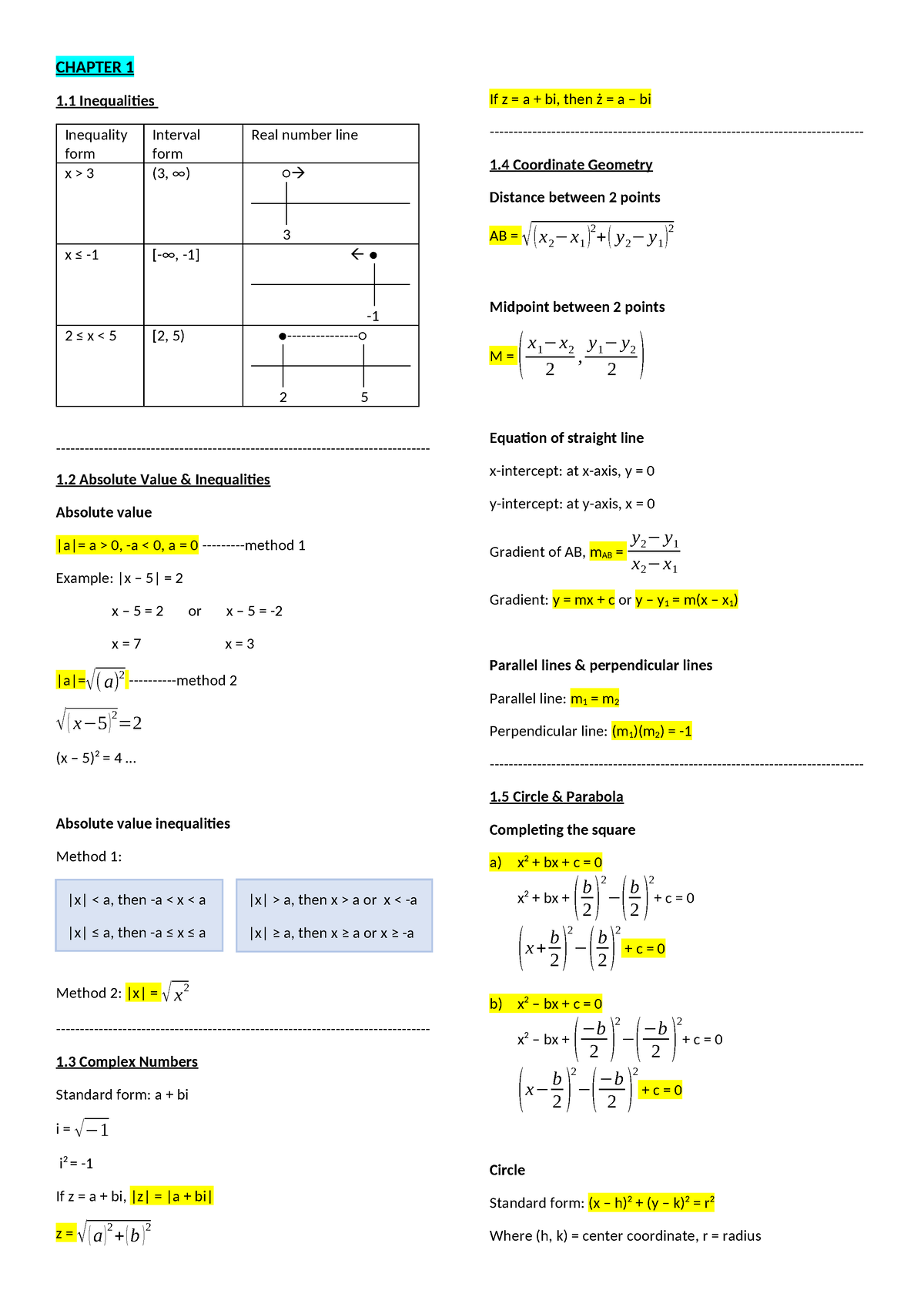 Calculus 1 - Formula - Chapter 1 1 Inequalities Inequality Form 