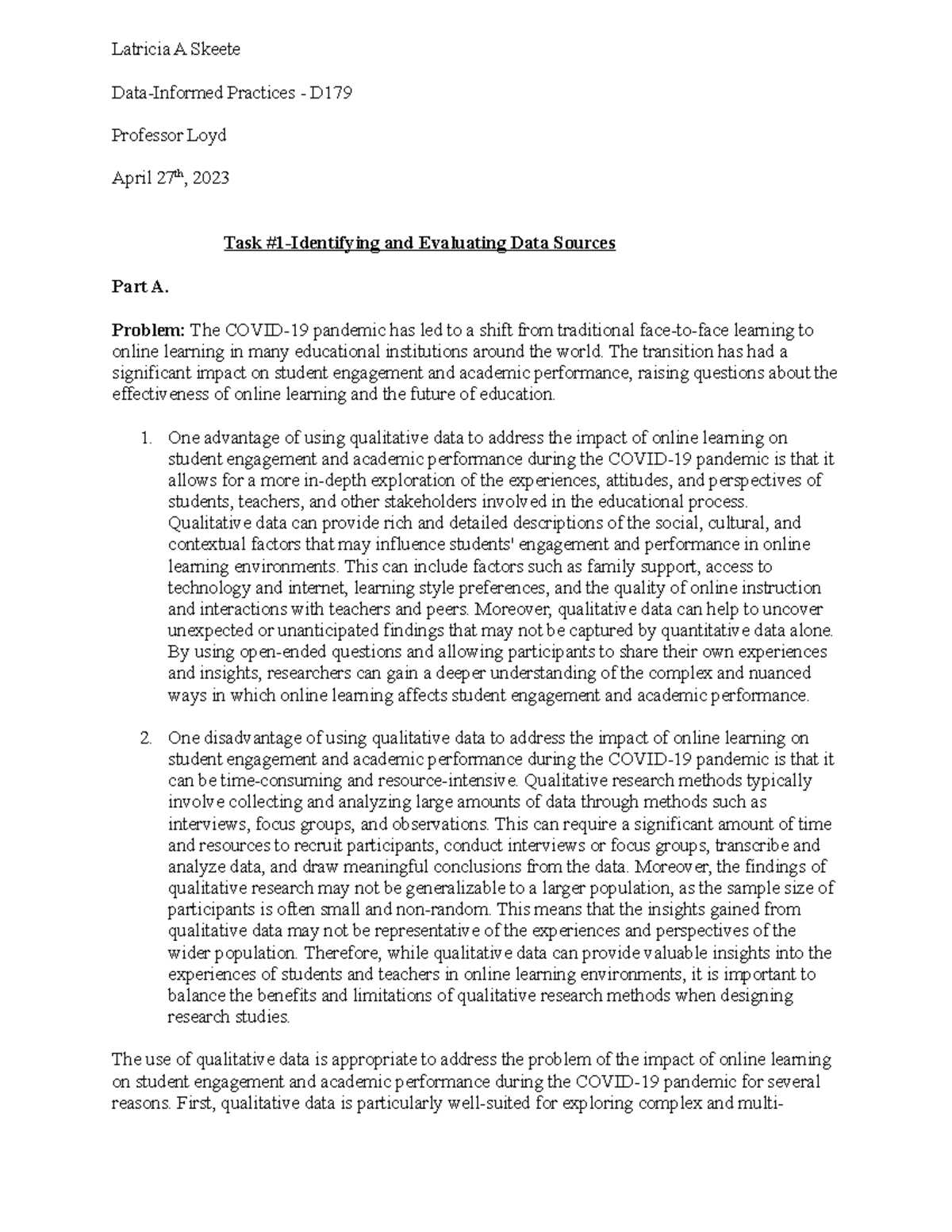 D179-Task 1 - N/A - Latricia A Skeete Data-Informed Practices - D ...
