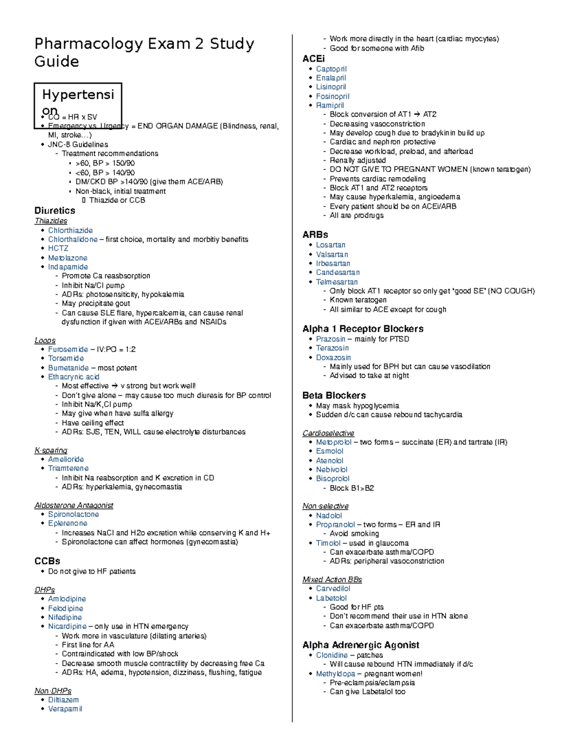 EXAM 2 Study Guide-2 - Pharmacology Exam 2 Study Guide CO = HR x SV ...