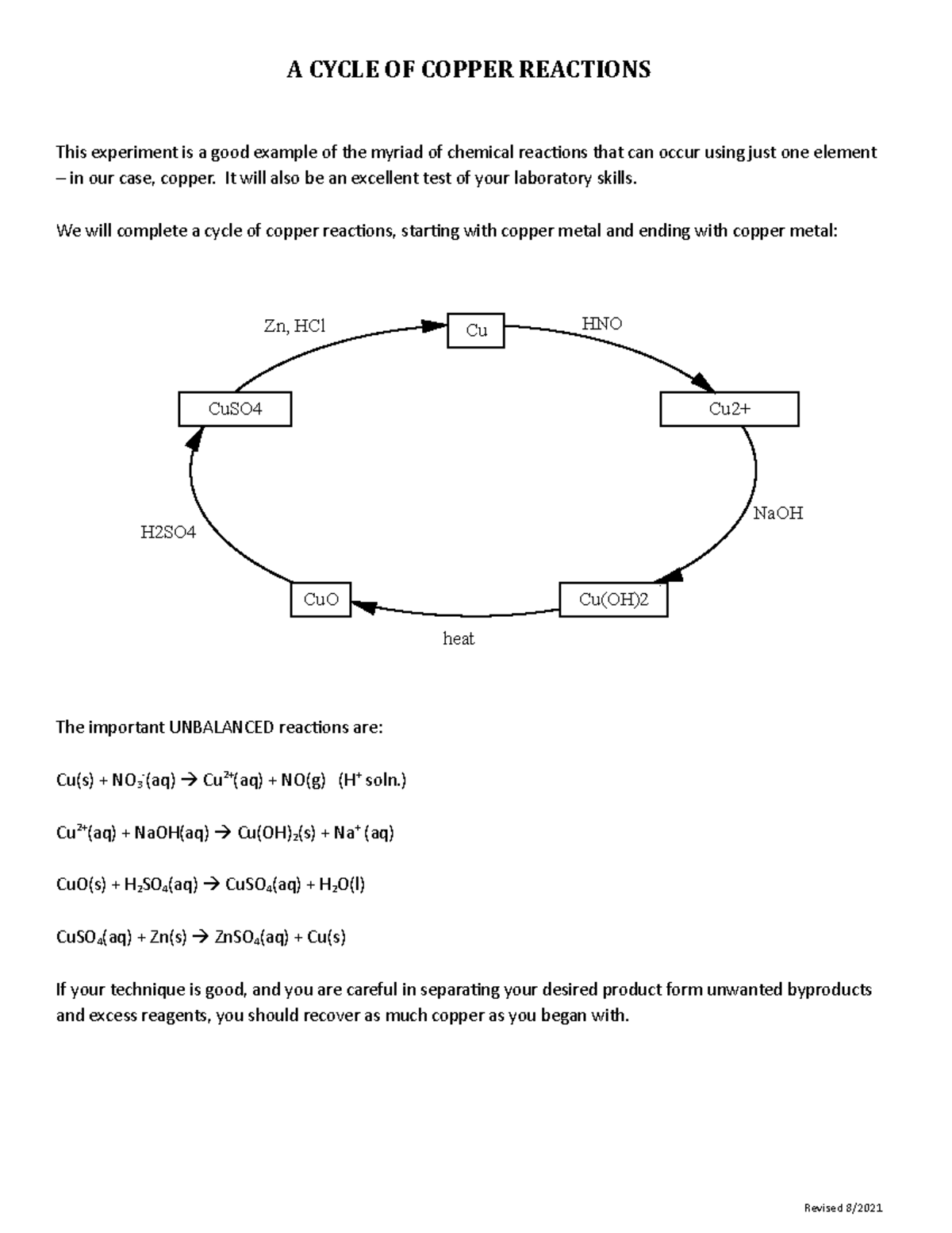 Copper Cycle Handout Evap Dish And Methanol Rinse And Report A Cycle Of Copper Reactions This