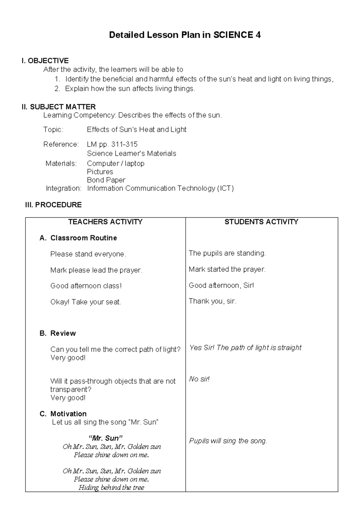 Detailed lesson plan in Science 4 - Marjun - Detailed Lesson Plan in ...
