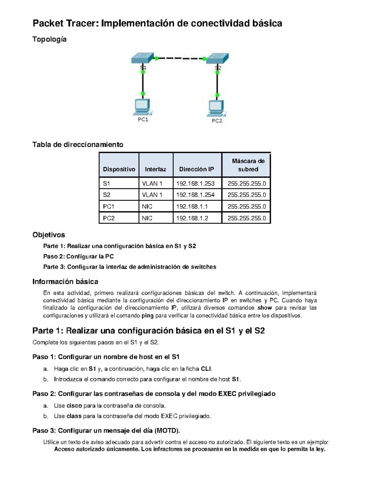 1- Packet Tracer Switch - Packet Tracer: Implementación De Conectividad ...