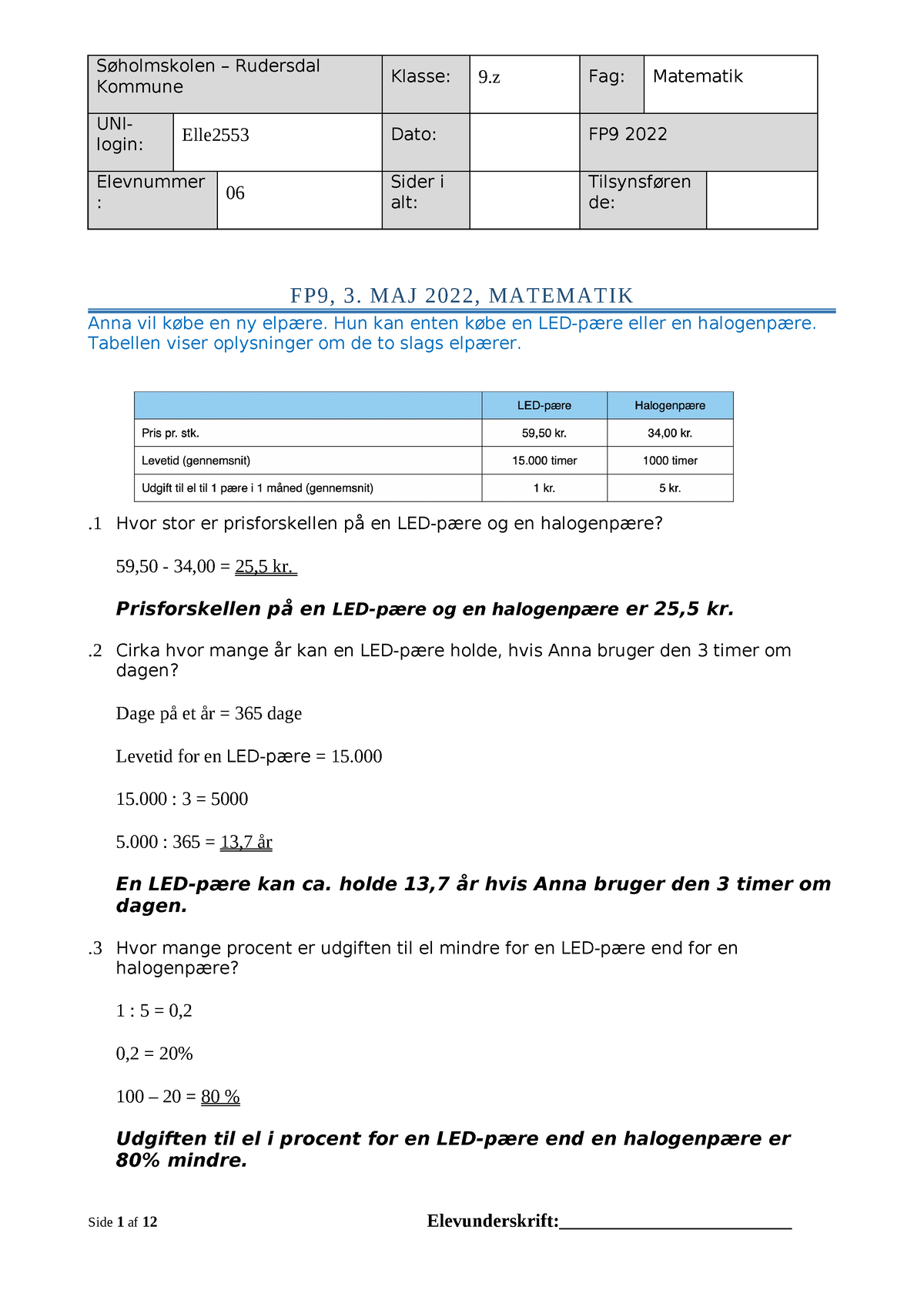 FP9, 3. MAJ 2022, Matematik - Kommune Klasse: 9 Fag: Matematik UNI ...