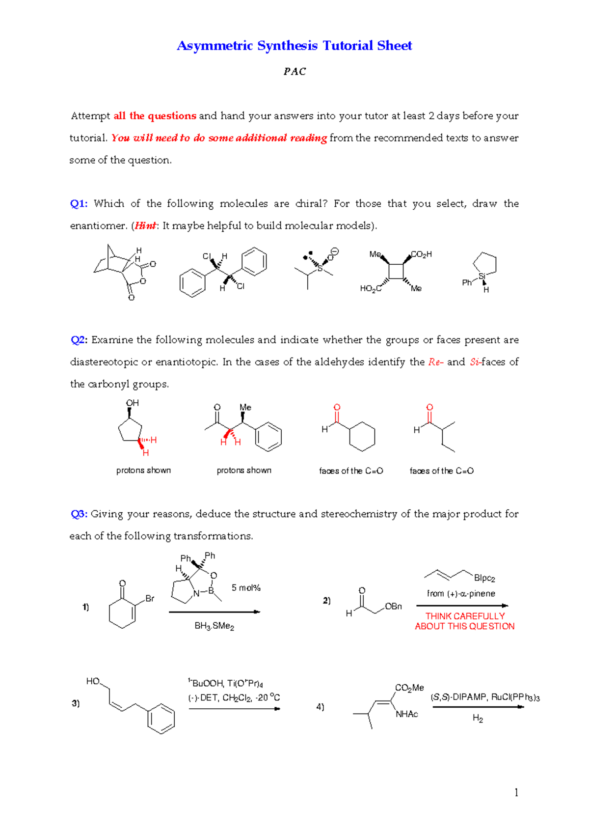 Asym Synth Tutorial - Lecture notes 1-4 - Asymmetric Synthesis Tutorial ...