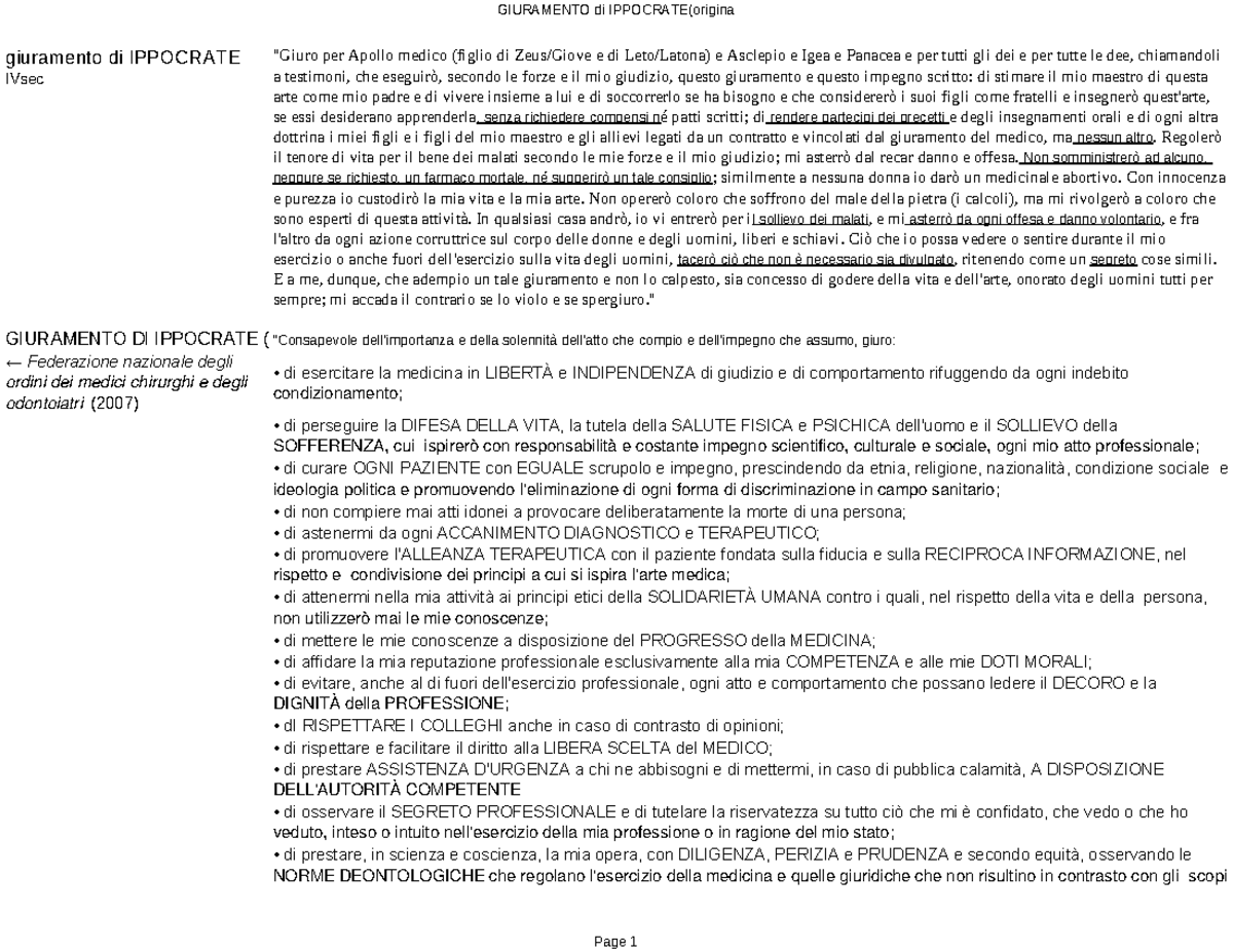 Giuramento Ippocrate - GIURAMENTO di IPPOCRATE(origina giuramento di