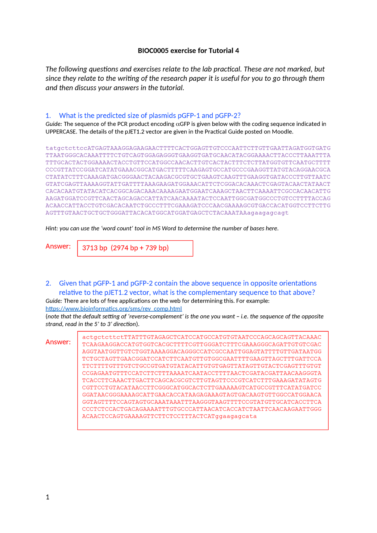 BIOC0005 Tutorial 4 Exercise (with Answers) - BIOC0005 Exercise For ...
