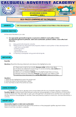 English 8 - Synthesizing Essential Information - JUNIOR HIGH SCHOOL ...