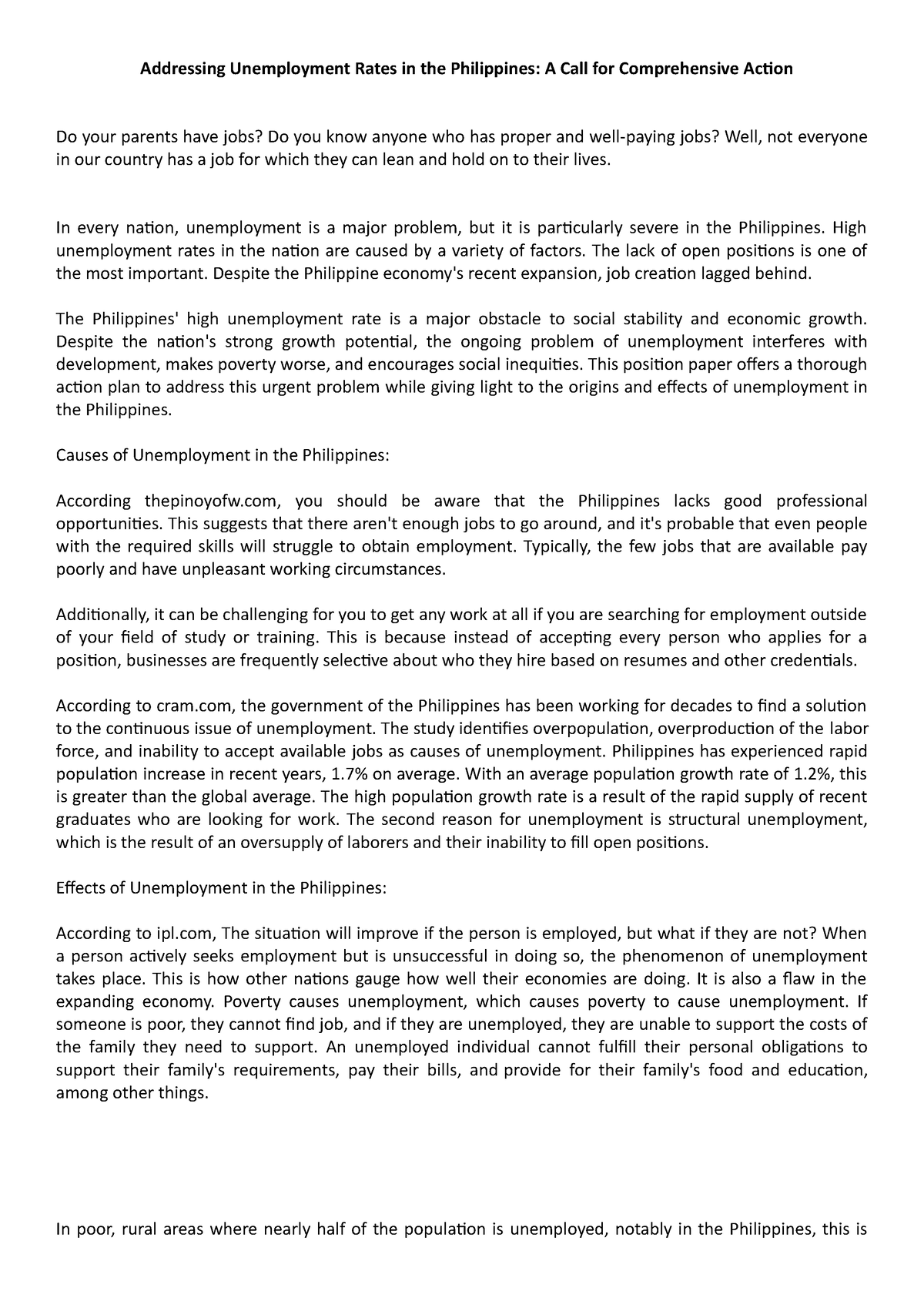 research paper about unemployment rate in the philippines